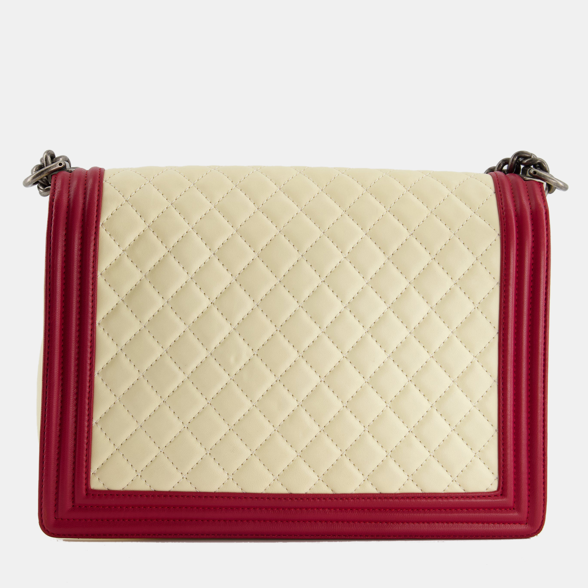 Chanel Cream And Red Large Boy Bag In Lambskin Leather With Ruthenium Hardware