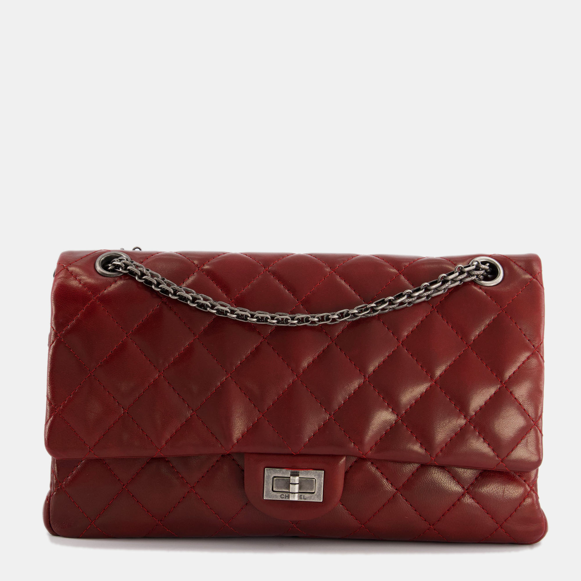 Chanel deep red medium reissue bag in lambskin leather with ruthenium hardware