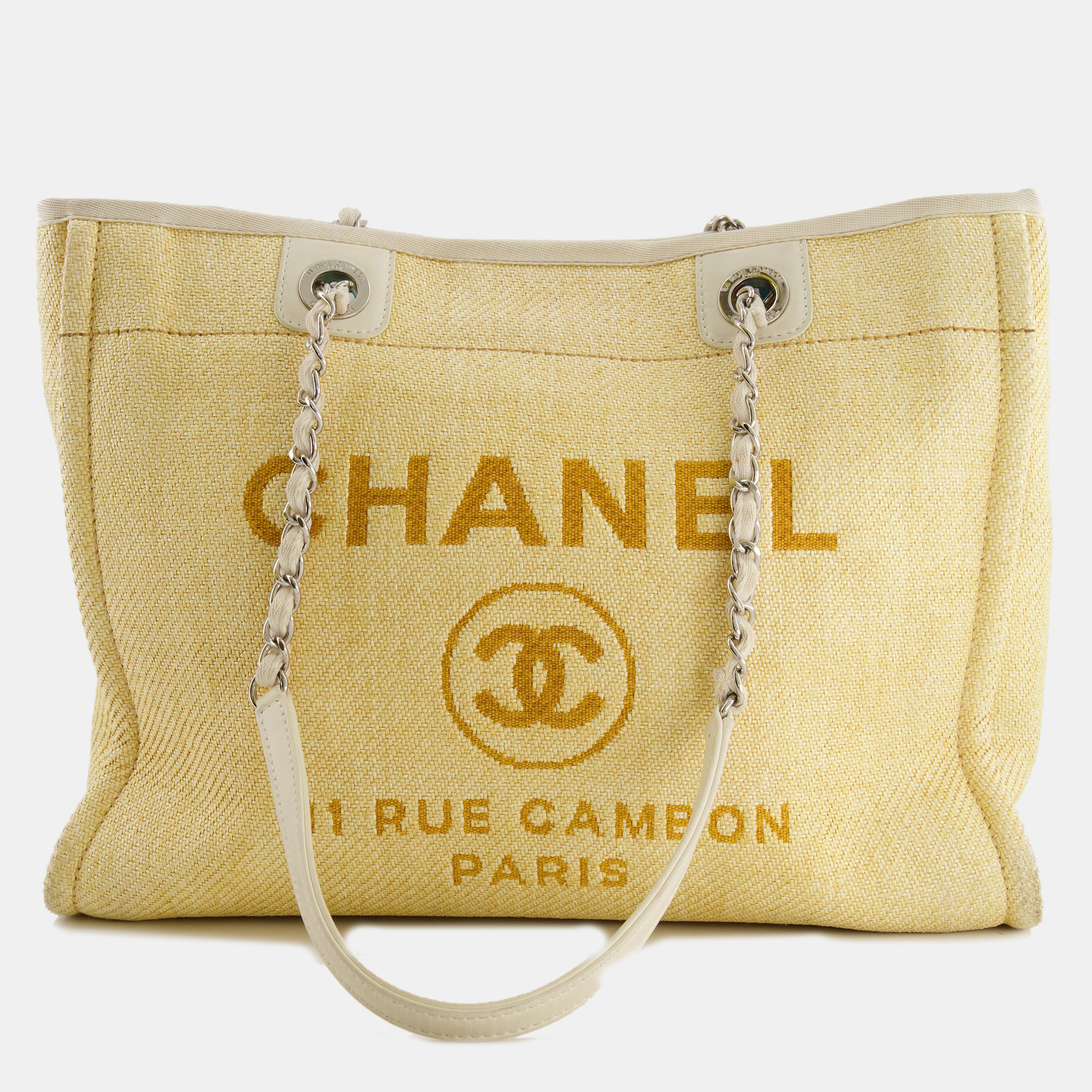Chanel yellow raffia small deauville tote bag with silver hardware