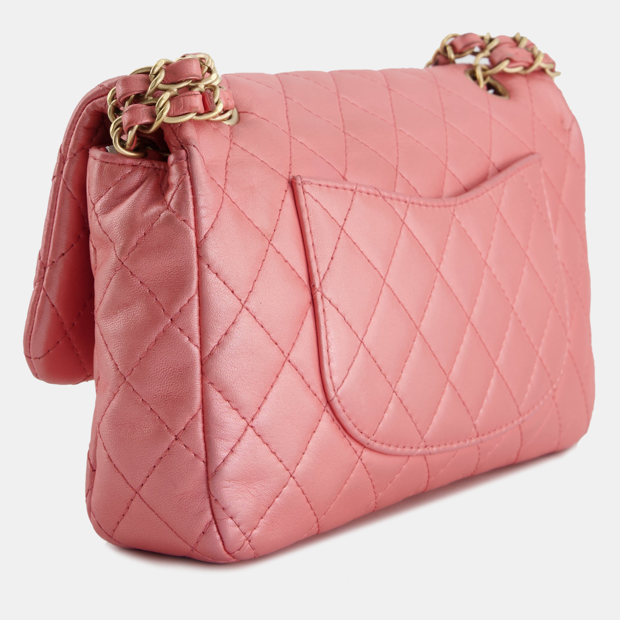 Chanel Pink Metallic Single Flap Shoulder Bag In Lambskin Leather With Gold And Precious Stone Hardware