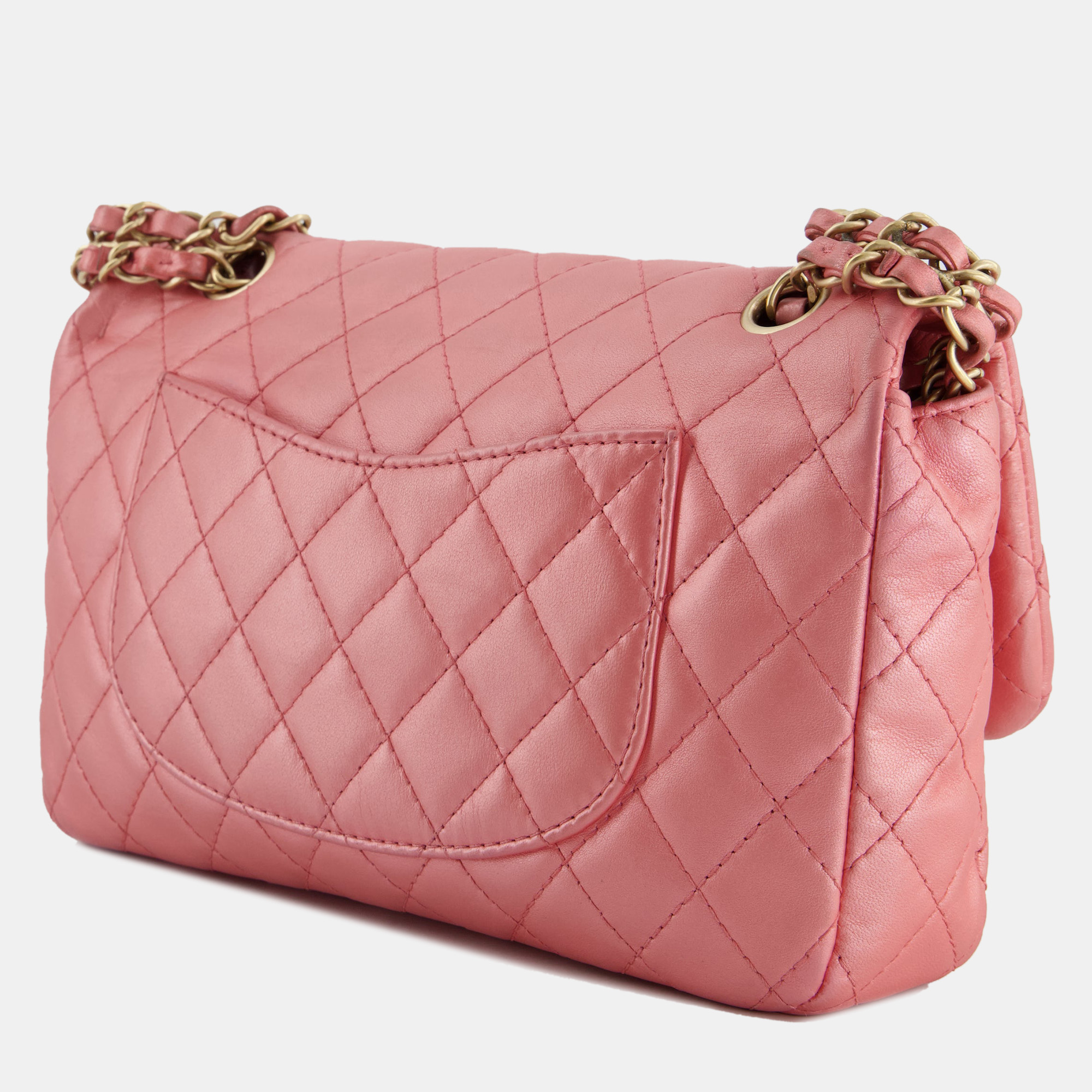 Chanel Pink Metallic Single Flap Shoulder Bag In Lambskin Leather With Gold And Precious Stone Hardware