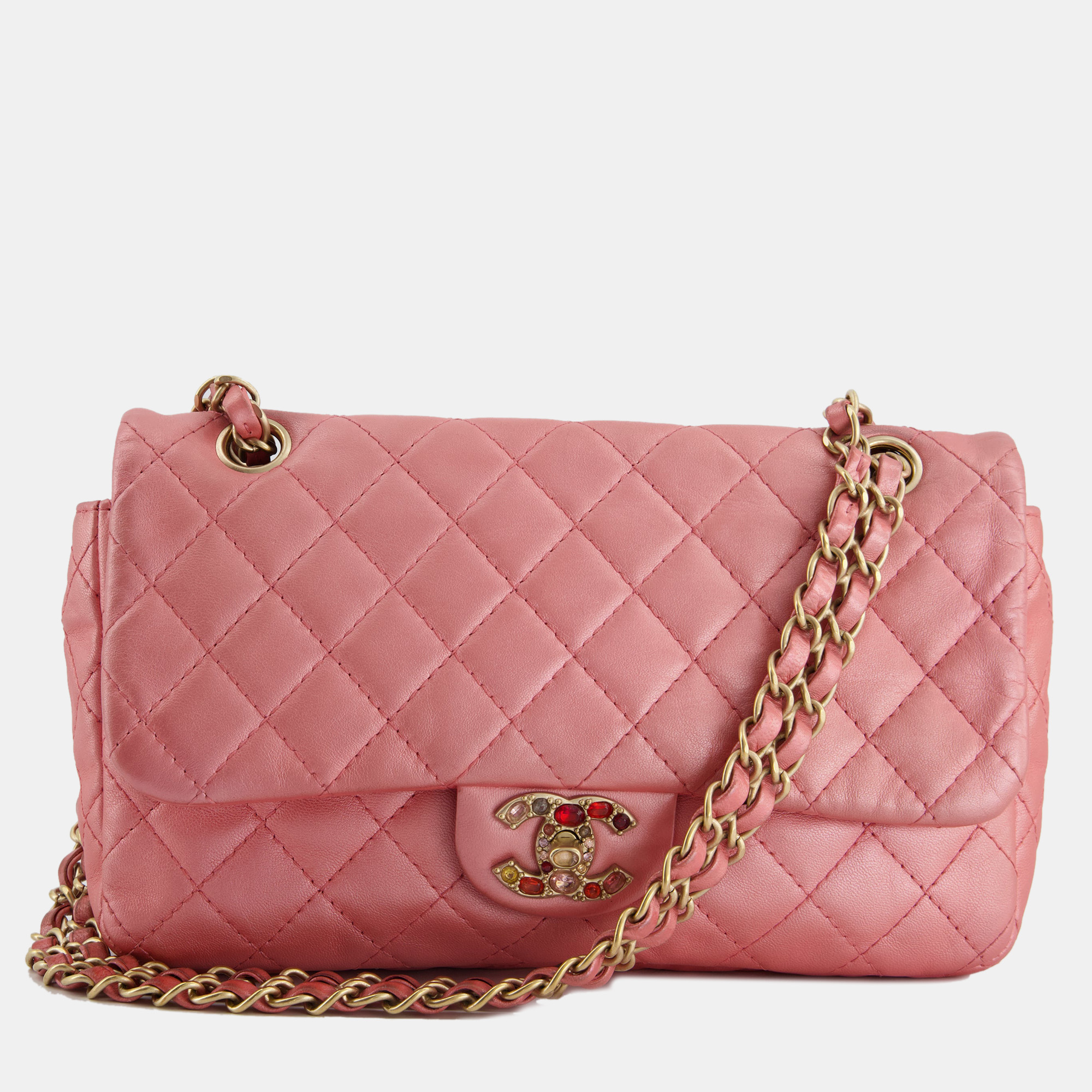 Chanel pink metallic single flap shoulder bag in lambskin leather with gold and precious stone hardware