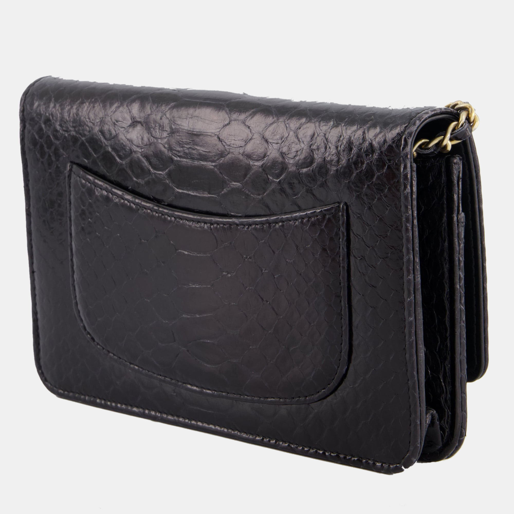 Chanel Black Python Wallet On Chain Bag With Brushed Gold Hardware