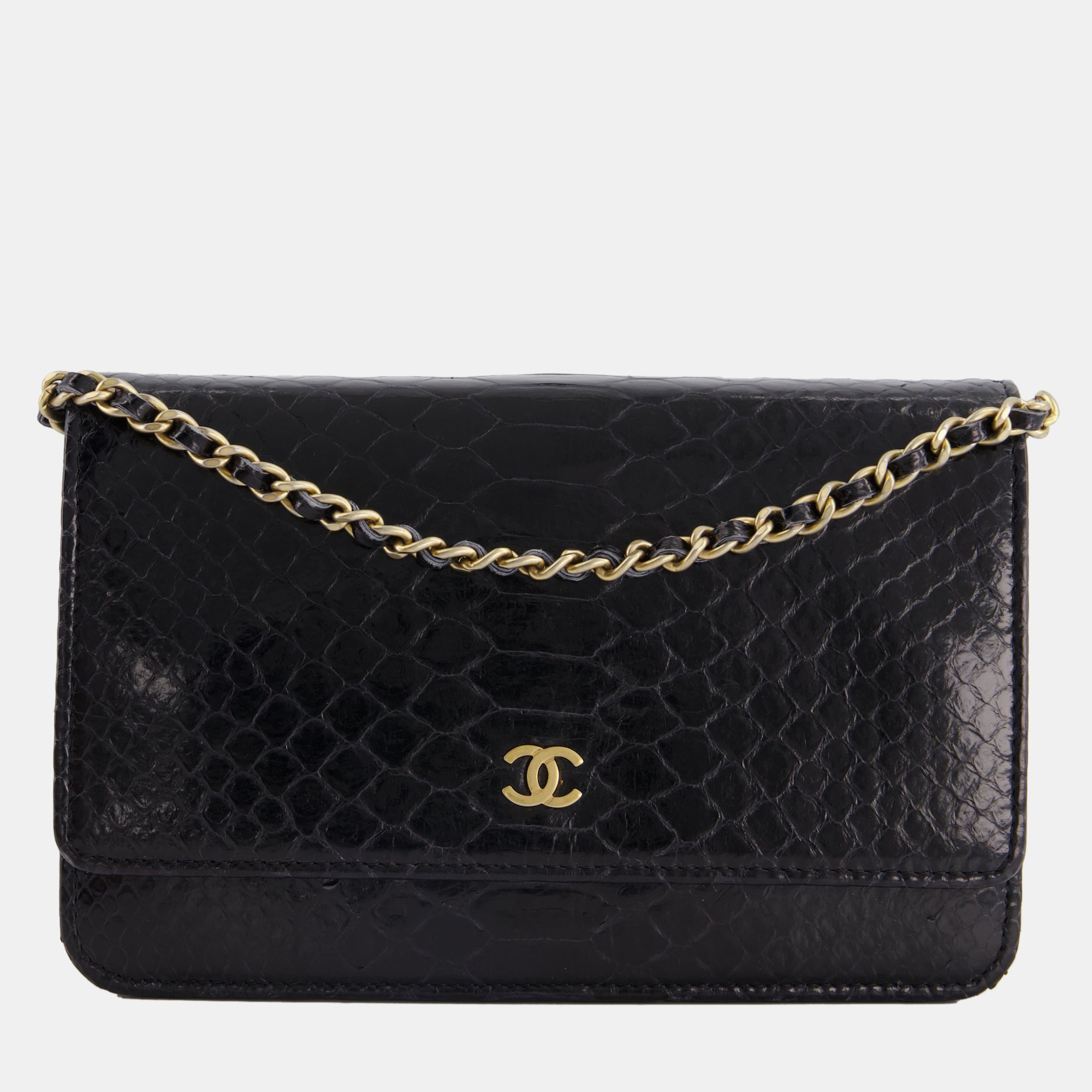 Chanel black python wallet on chain bag with brushed gold hardware