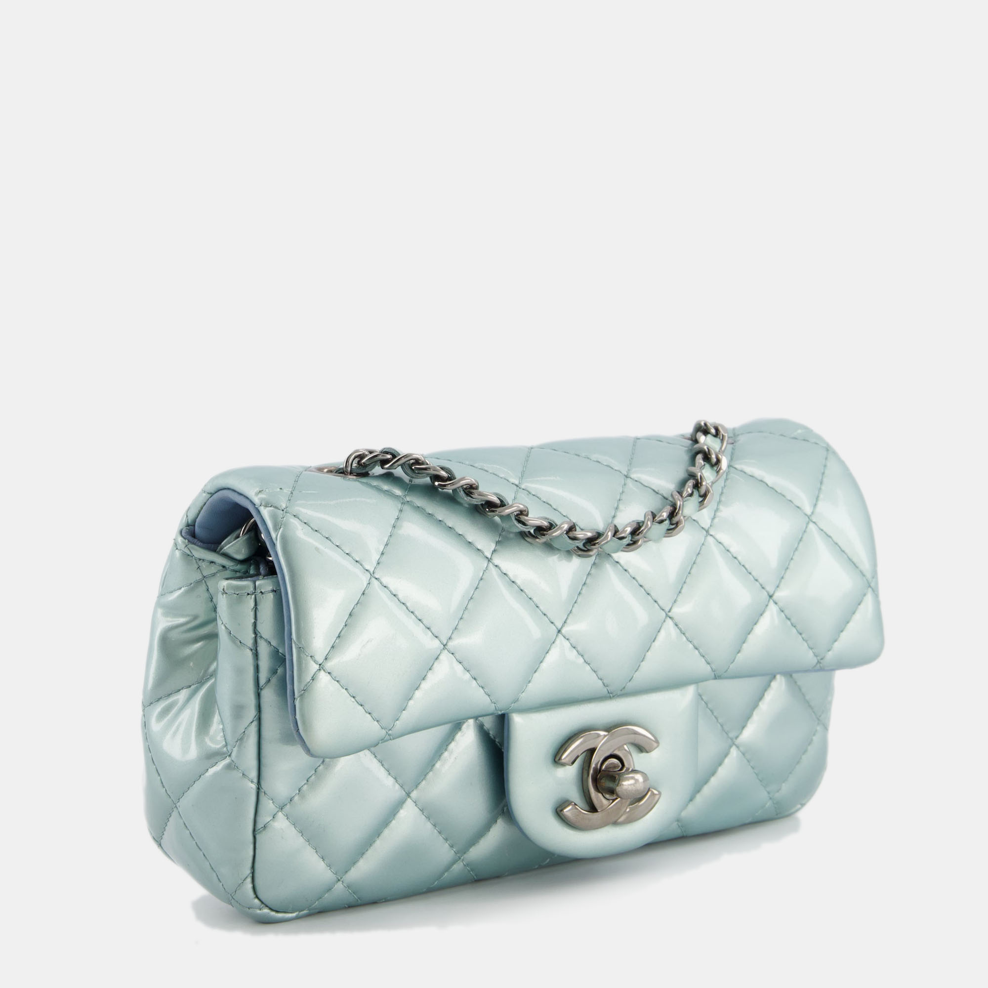 Chanel Pearl Light Blue Mini Rectangular Flap Bag with Ruthenium Hardware
Chanel Pearl Light Blue Mini Rectangular Flap Bag with Ruthenium Hardware
