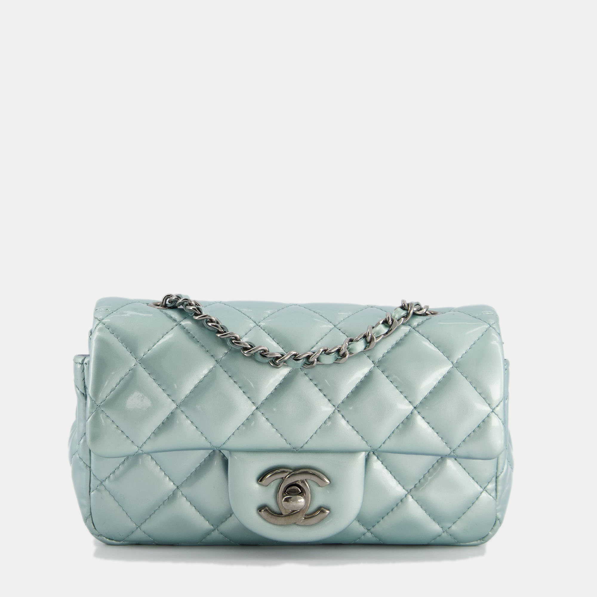 Chanel Pearl Light Blue Mini Rectangular Flap Bag With  Ruthenium Hardware