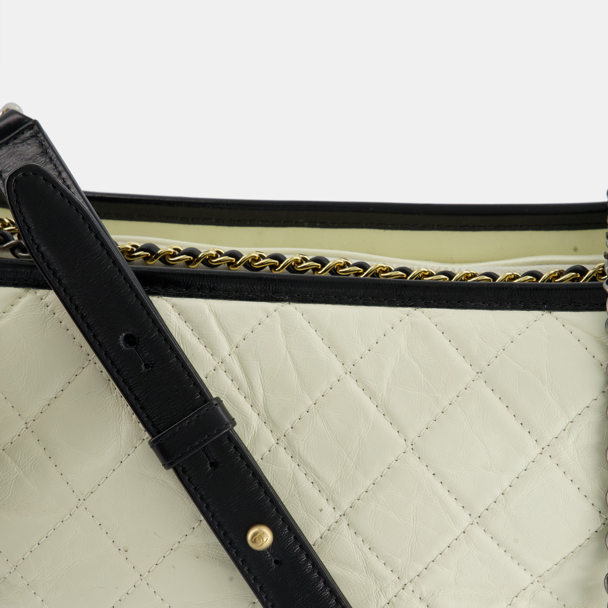 Chanel White And Black Medium Gabrielle Bag In Aged Calfskin Leather With Mixed Hardware
