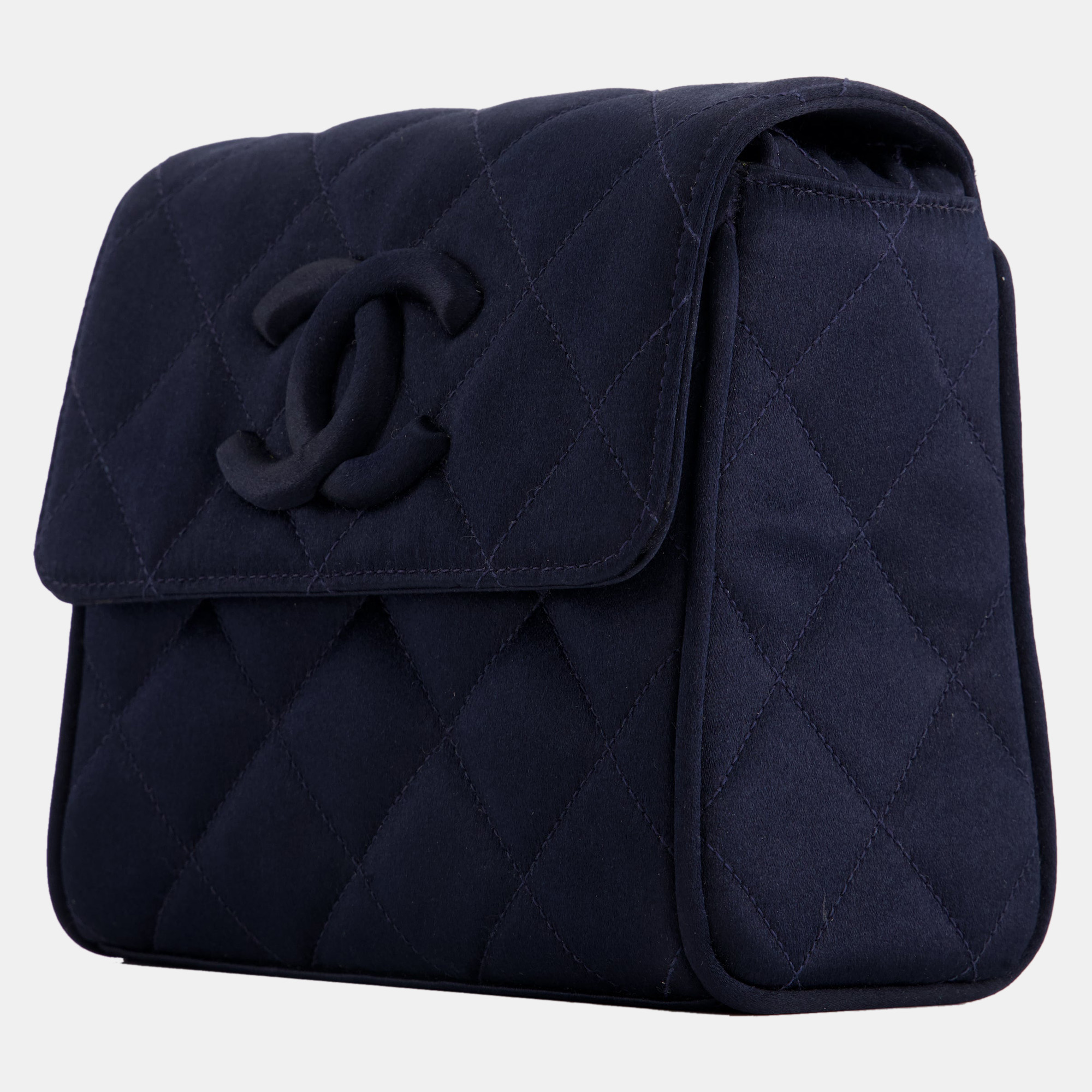 Chanel Navy Vintage Silk Diamond Quilted Shoulder Bag With CC Logo