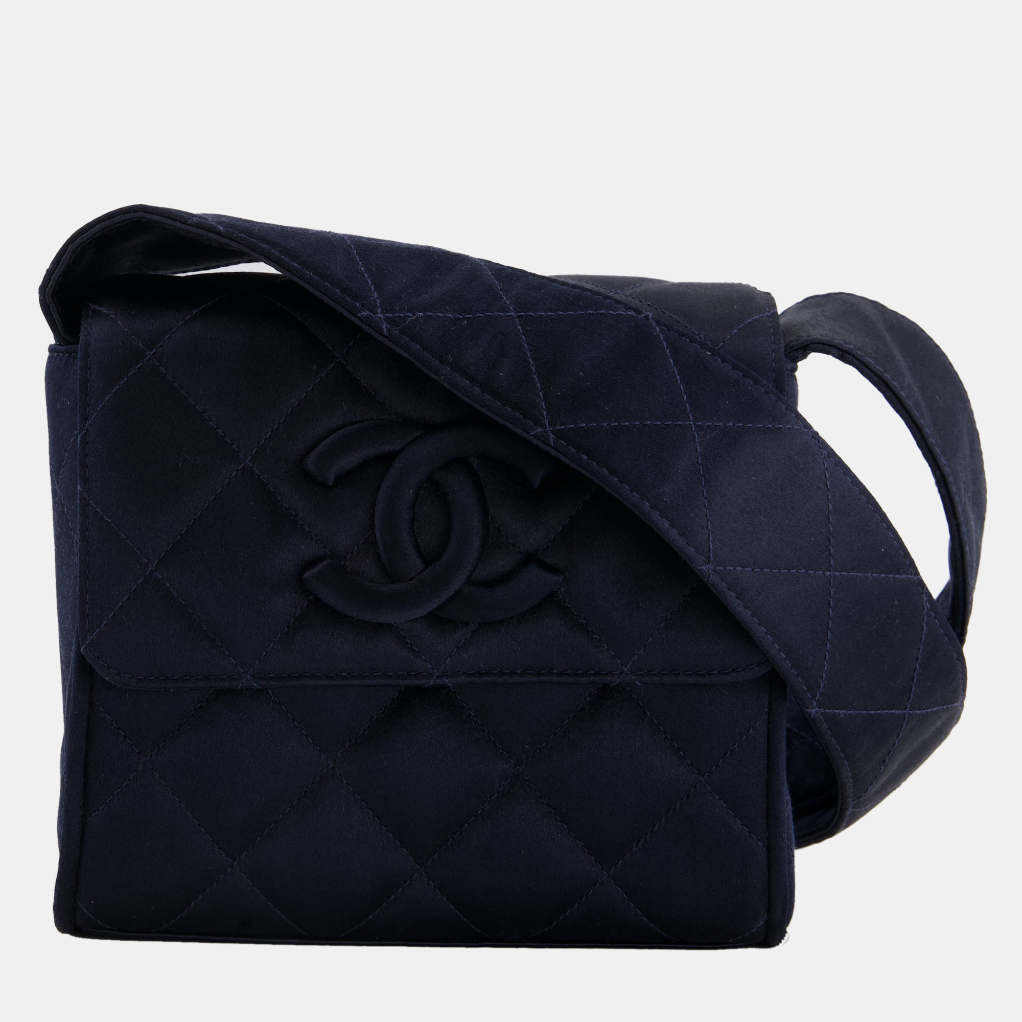 Chanel Navy Vintage Silk Diamond Quilted Shoulder Bag With CC Logo