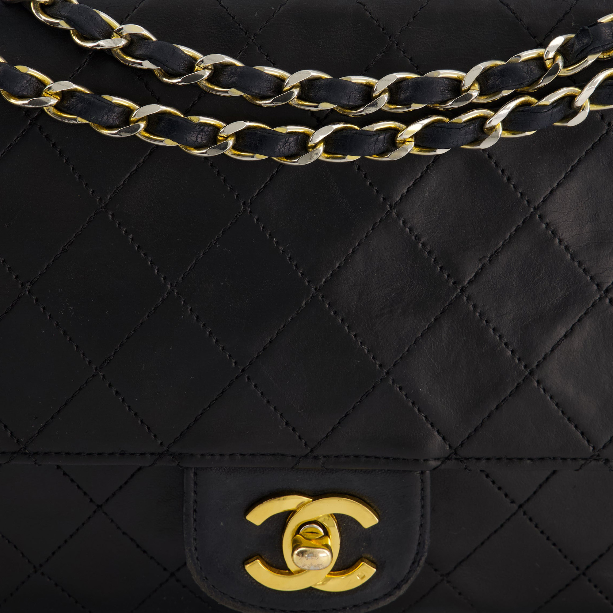 Chanel Black Vintage Classic Stitched Edge Medium Double Flap Bag In Lambskin Leather With 24k Gold Hardware