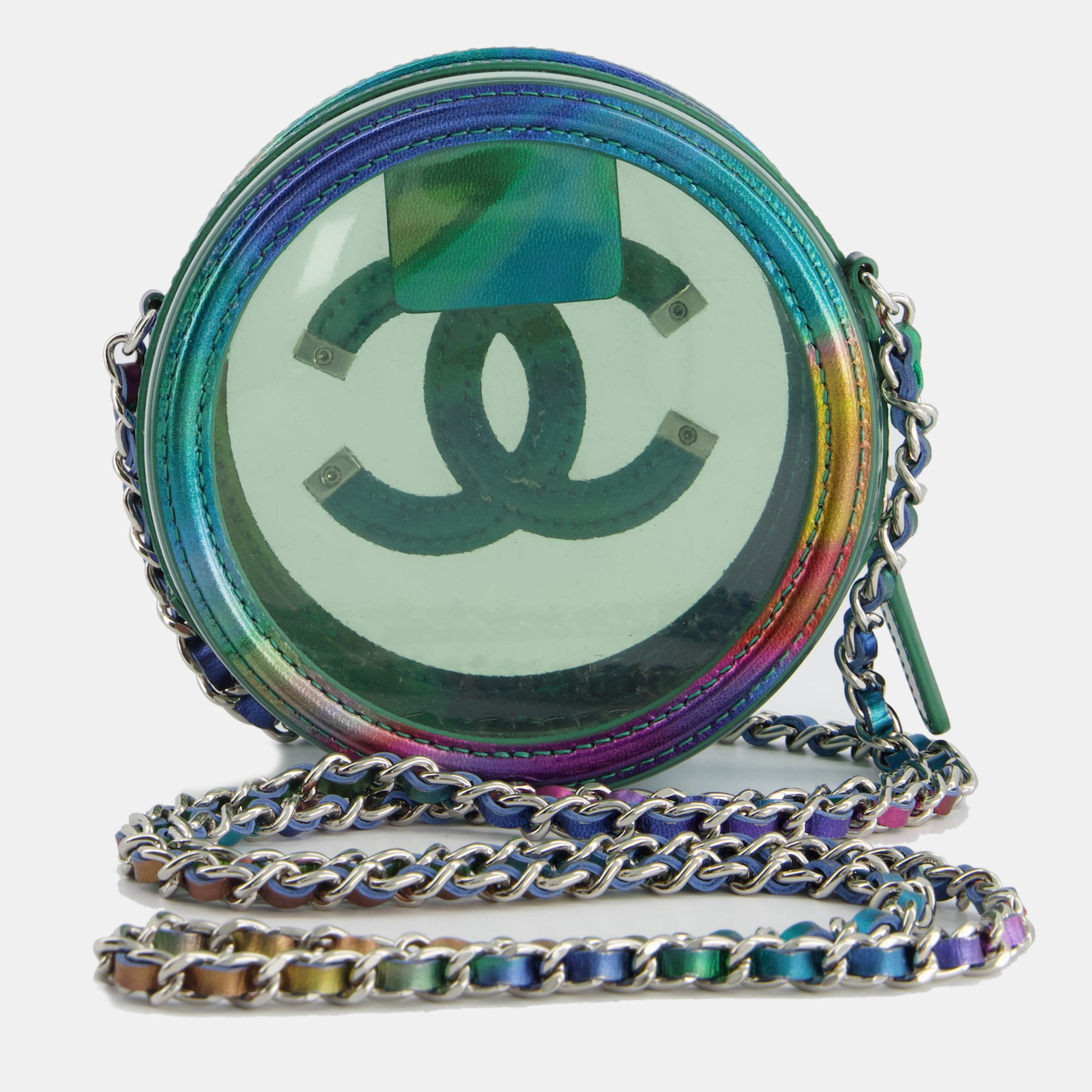 Chanel rainbow green filigree pvc cc mini round crossbody bag with silver hardware