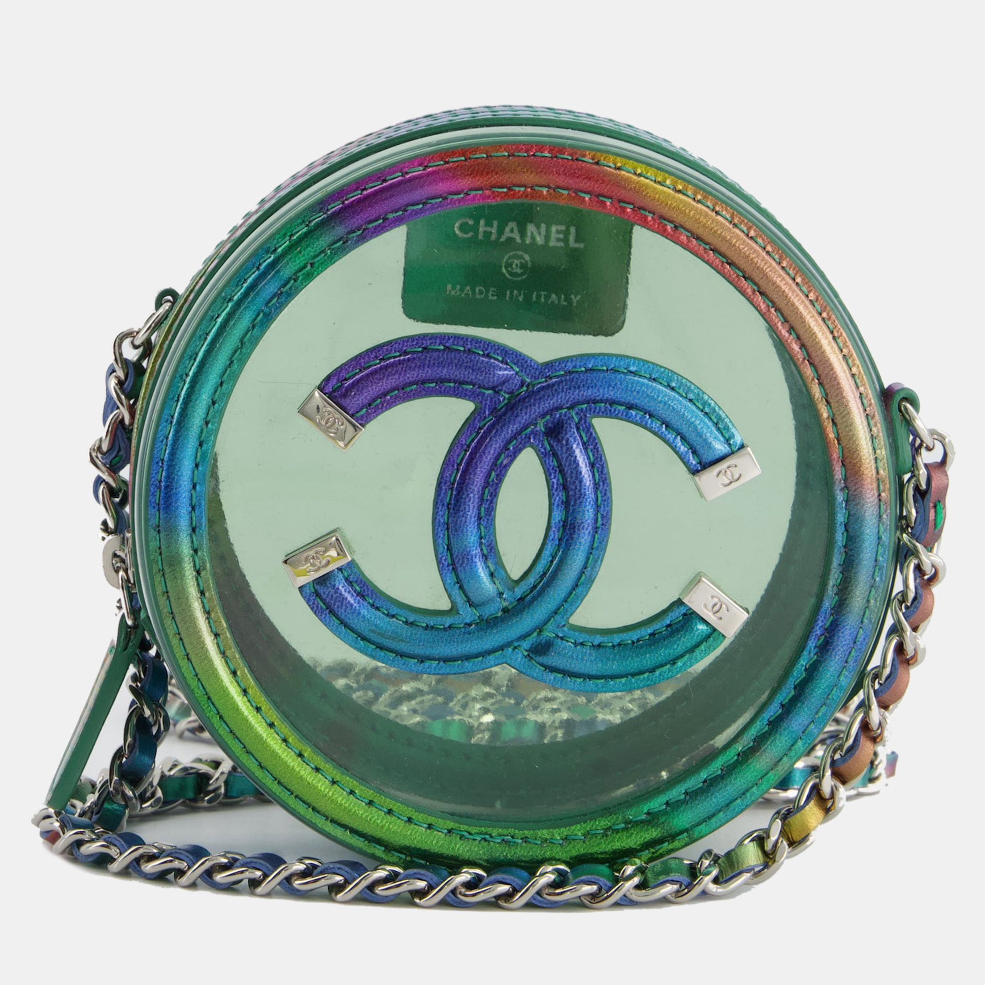 Chanel Rainbow Green Filigree PVC CC Mini Round Crossbody Bag With Silver Hardware