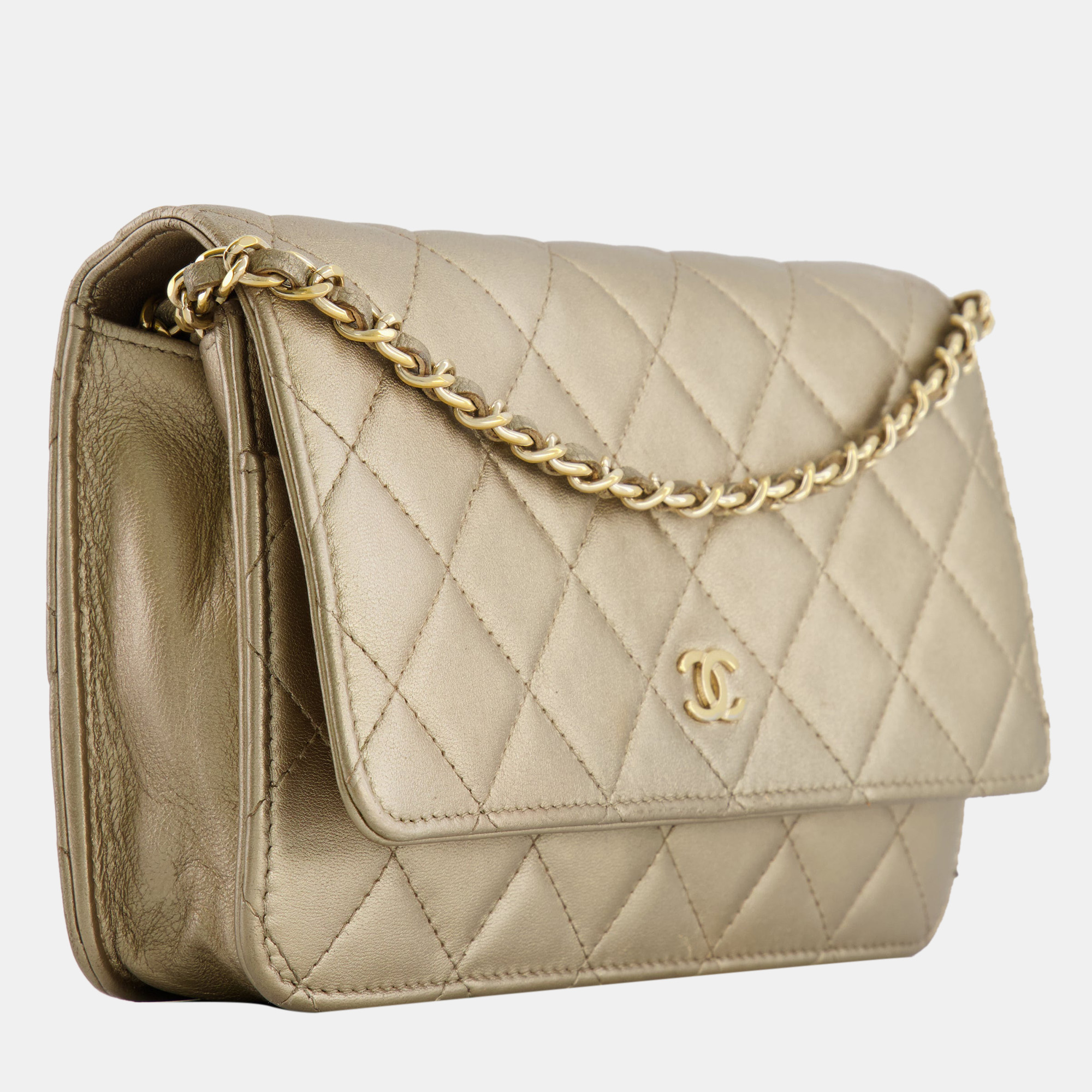 Chanel Metallic Gold Wallet On Chain Bag In Lambskin Leather With Gold Hardware