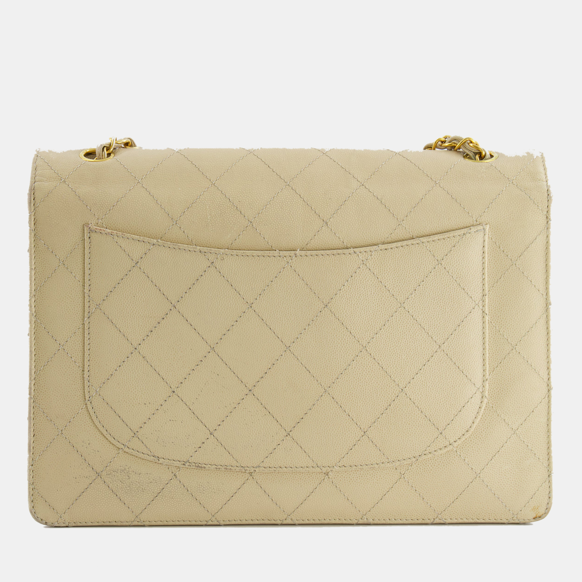 Chanel Vintage Beige Large Single Flap Bag In Caviar Leather With 24k Gold Hardware