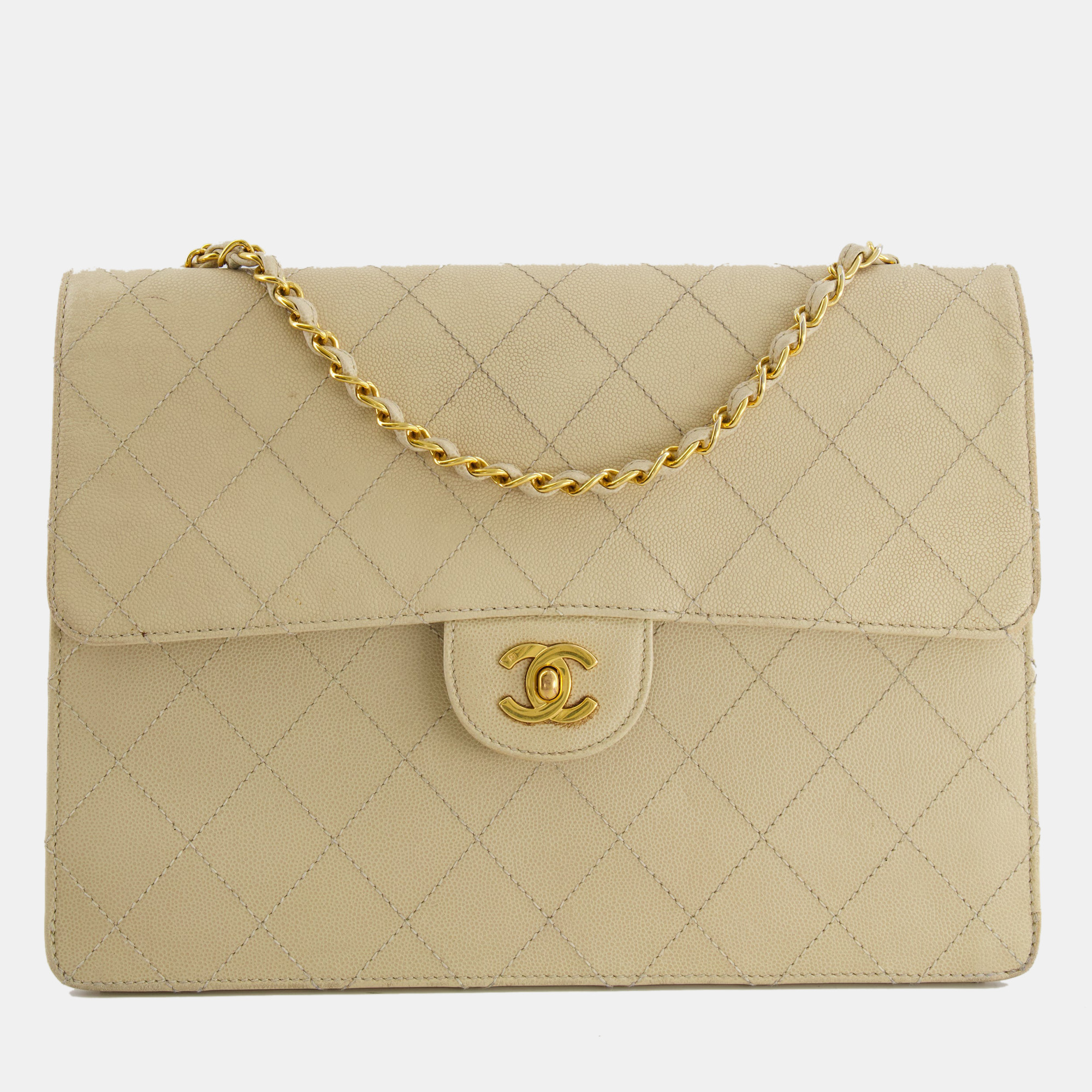 Chanel vintage beige large single flap bag in caviar leather with 24k gold hardware