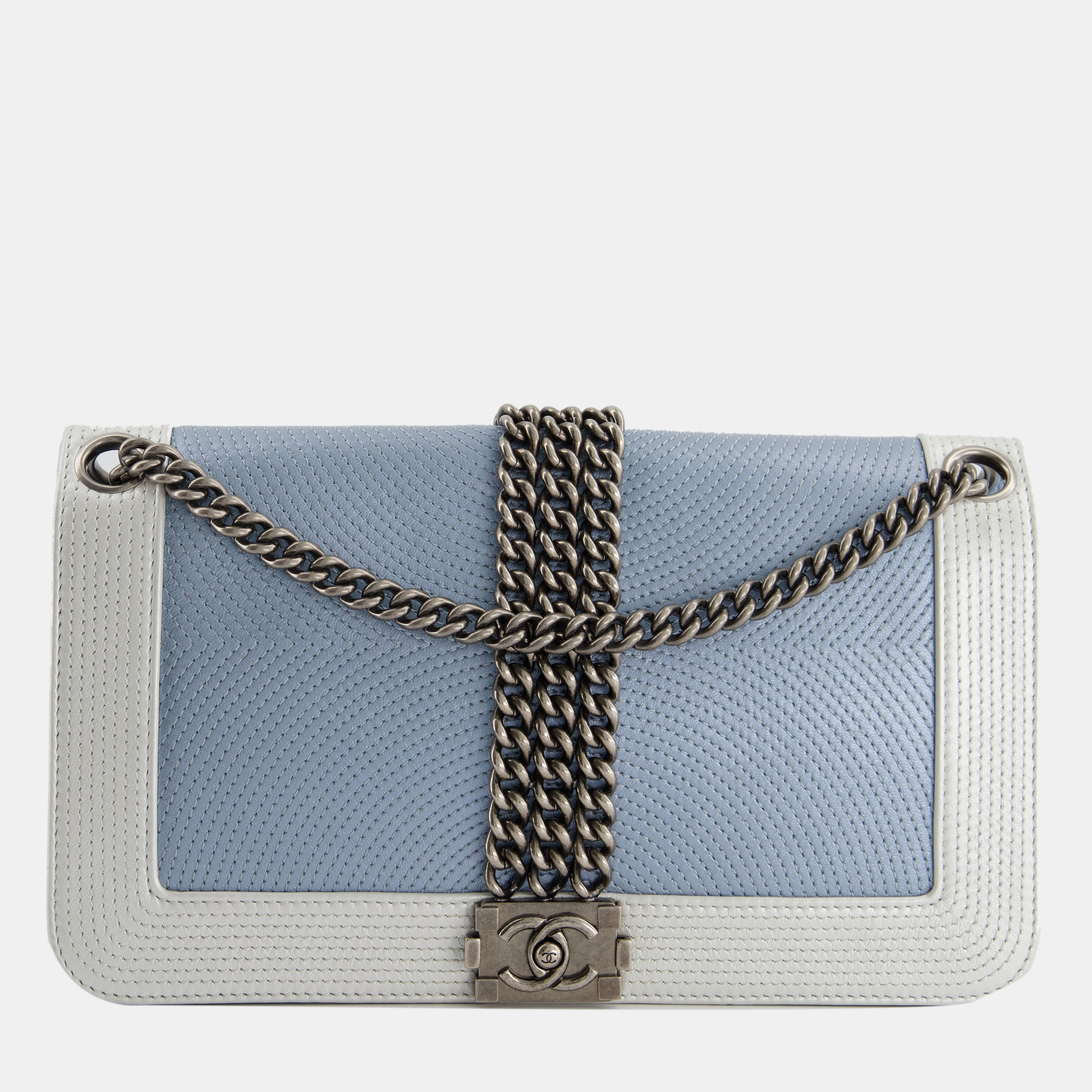 Chanel Metallic Baby Blue With Chain Detail Rock Boy Bag With Gunmetal Hardware Bag