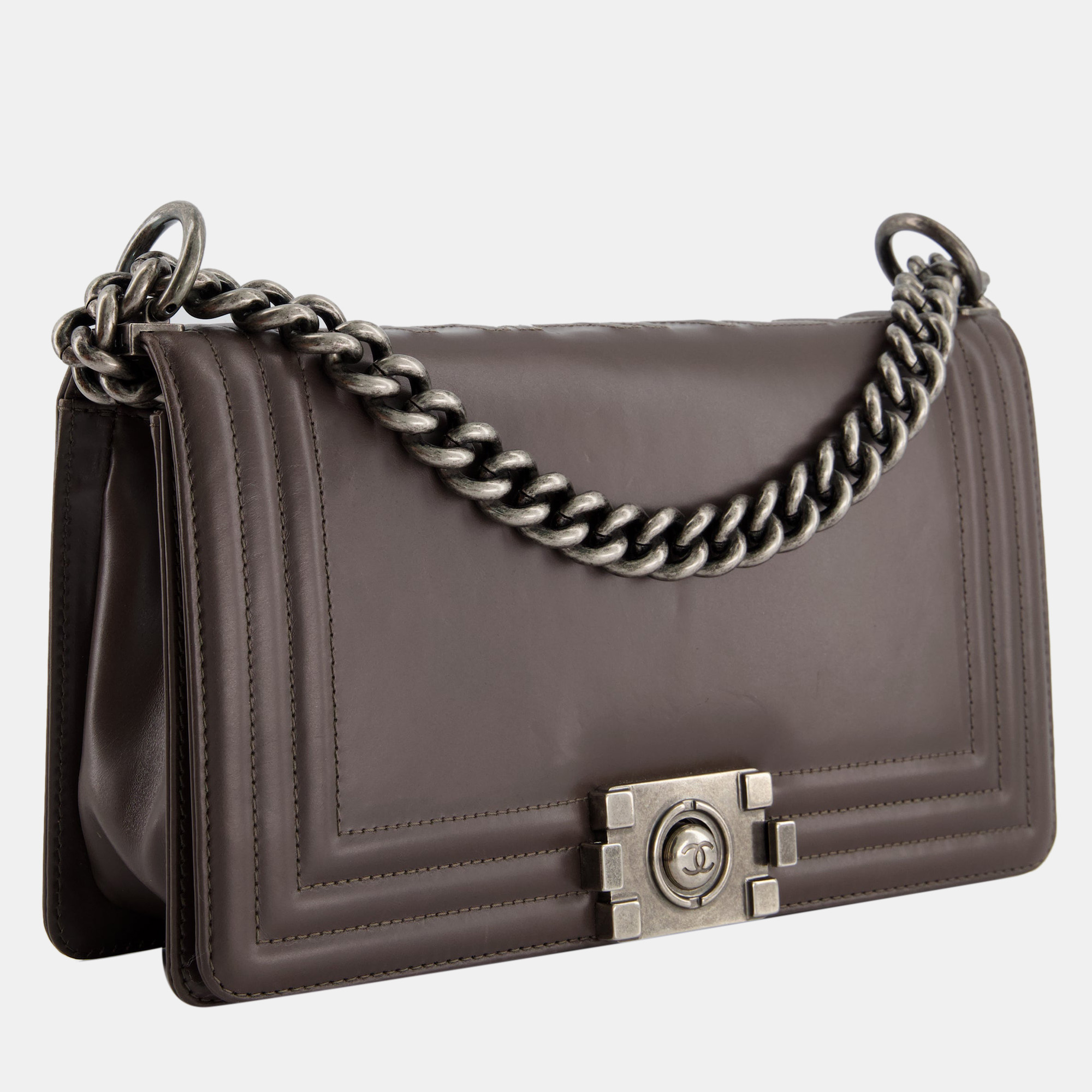 Chanel Chocolate Brown Smooth Calfskin Leather Boy Bag With Stitched Chanel Logo Detail And Gunmetal Hardware