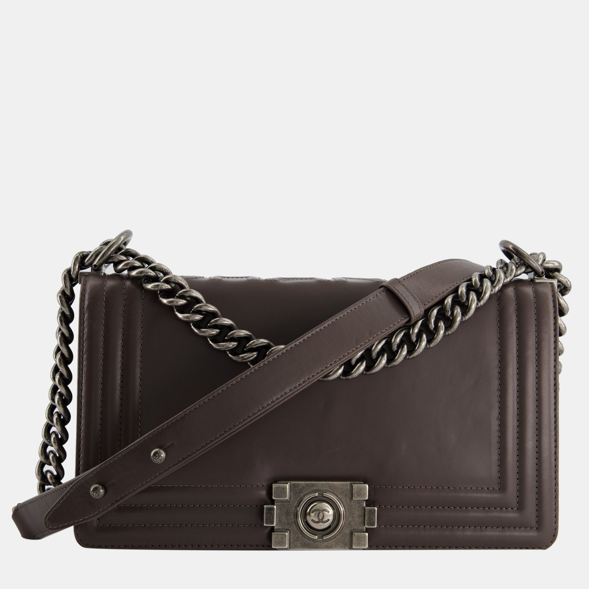 Chanel Chocolate Brown Smooth Calfskin Leather Boy Bag With Stitched Chanel Logo Detail And Gunmetal Hardware