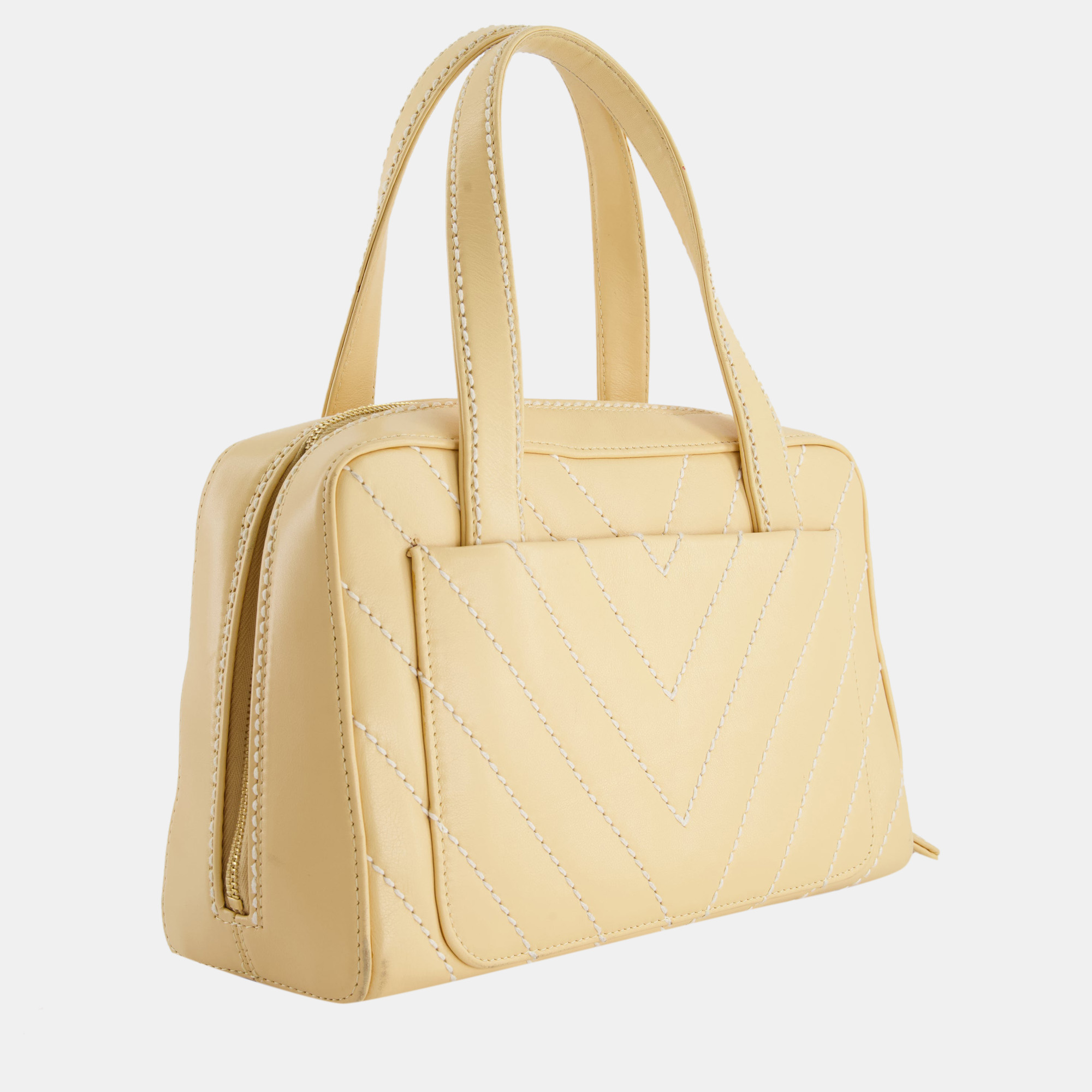 Chanel Pastel Yellow Bowling Bag In Calfskin Leather With Brushed Gold Hardware