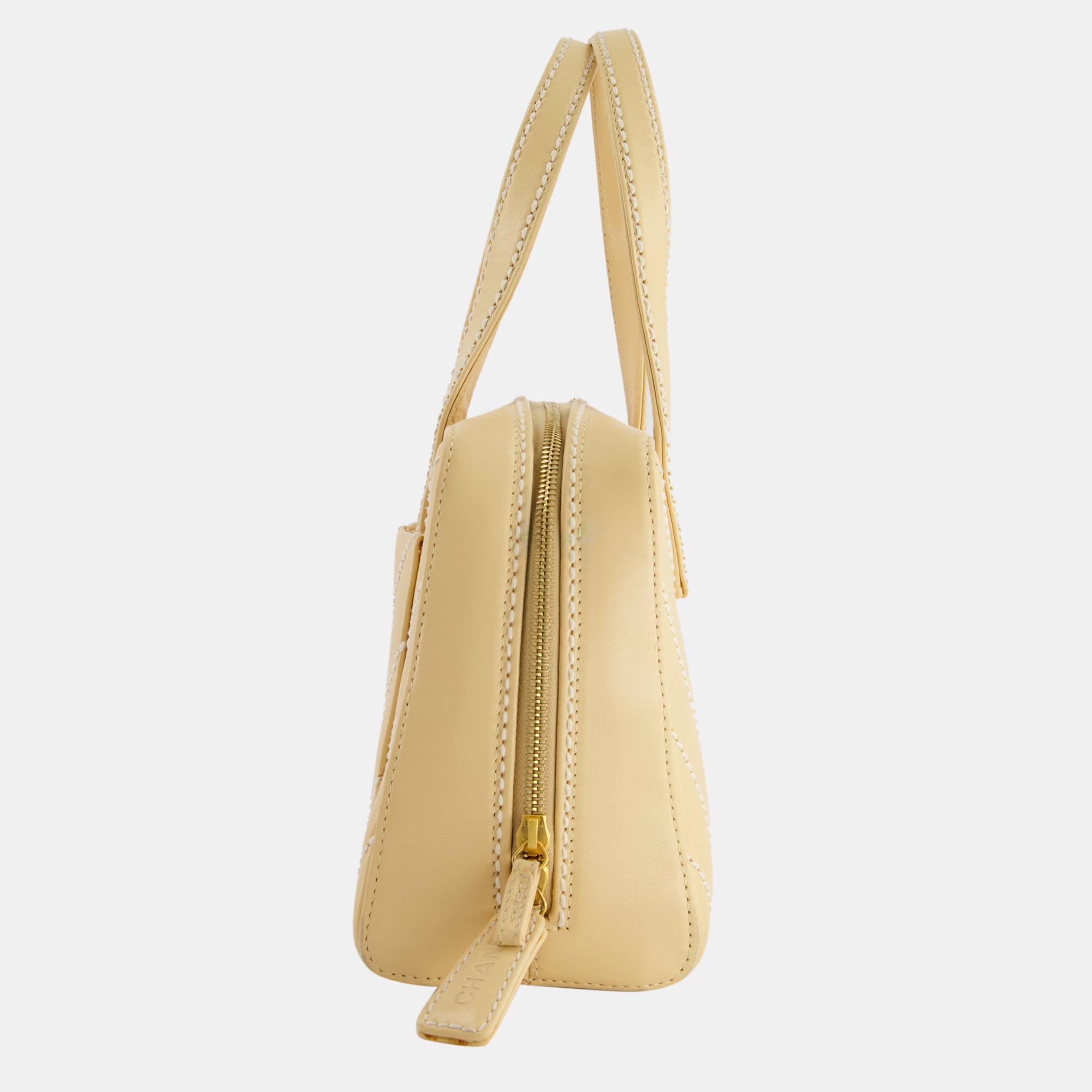 Chanel Pastel Yellow Bowling Bag In Calfskin Leather With Brushed Gold Hardware