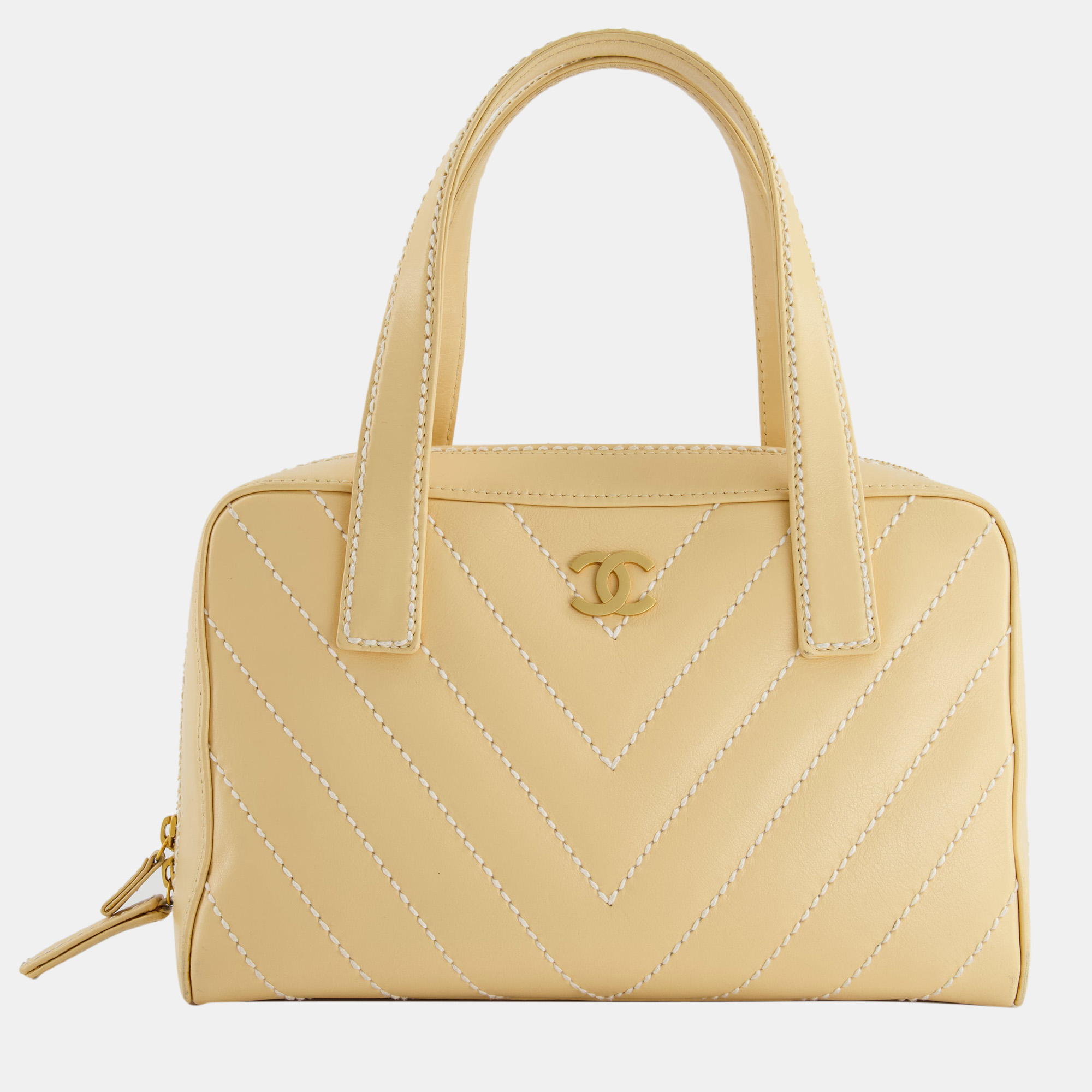 Chanel pastel yellow bowling bag in calfskin leather with brushed gold hardware
