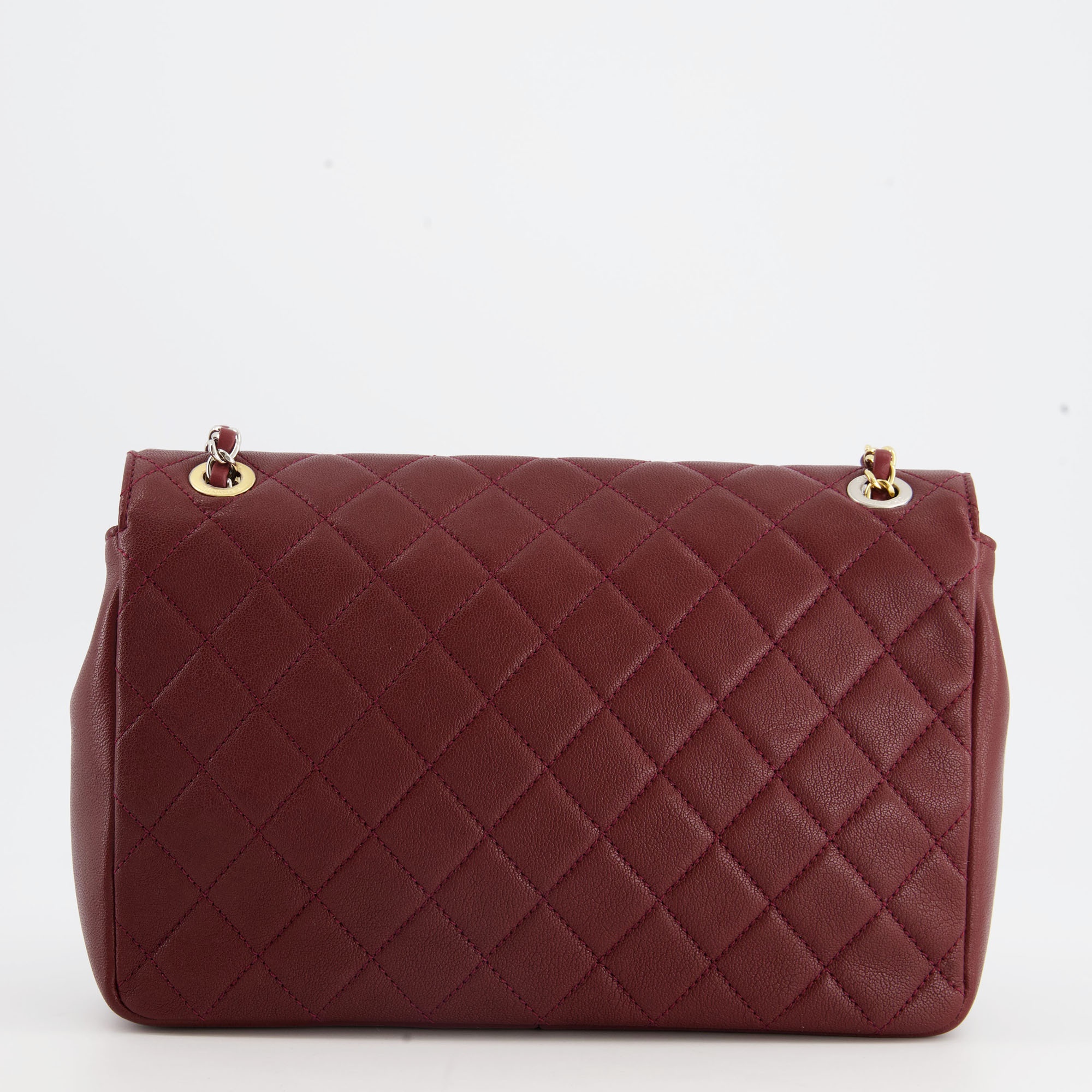 Chanel Burgundy CC Single Flap Bag In Lambskin With Gold And Silver Hardware