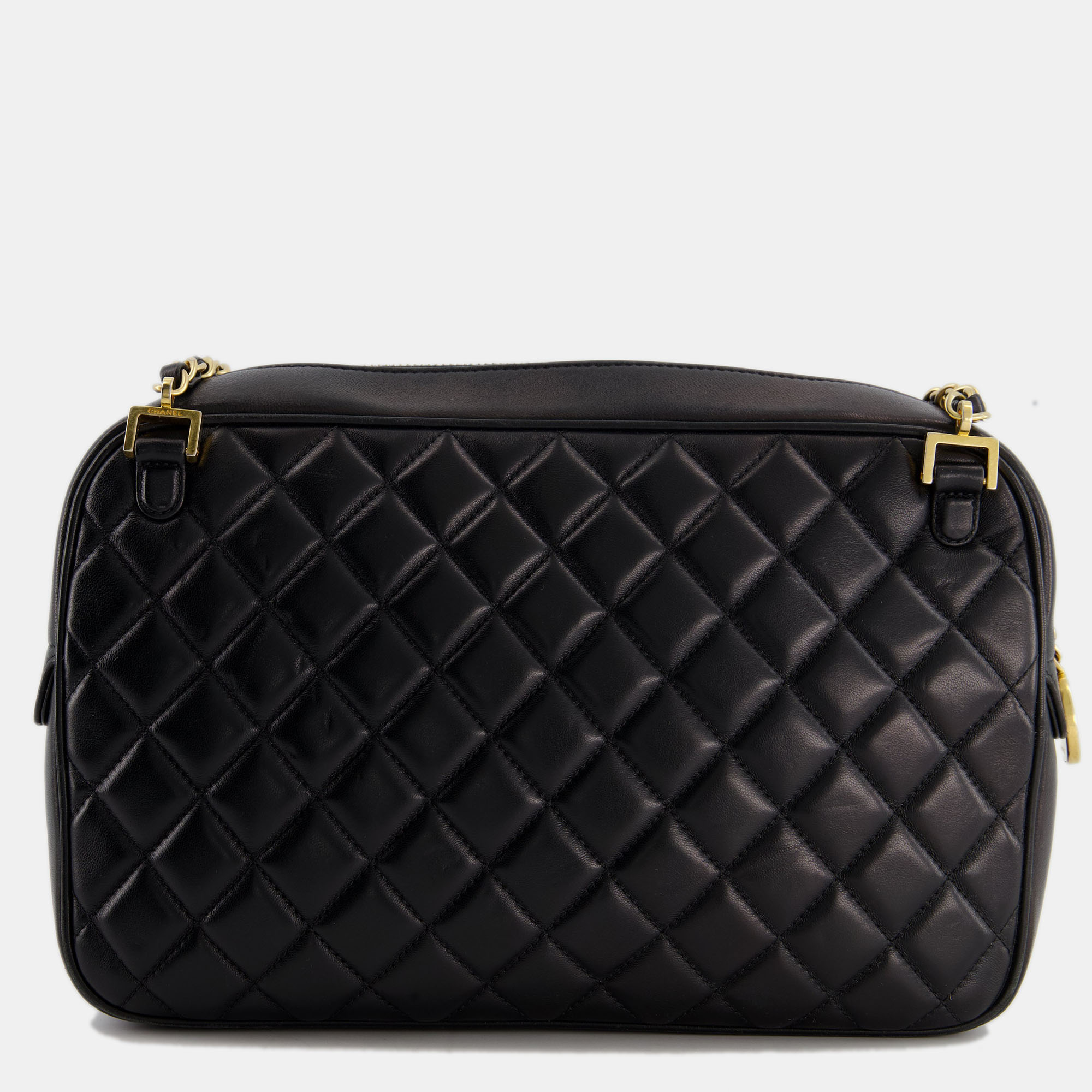 Chanel Black Crossbody Camera Bag In Quilted Lambskin With Gold Hardware