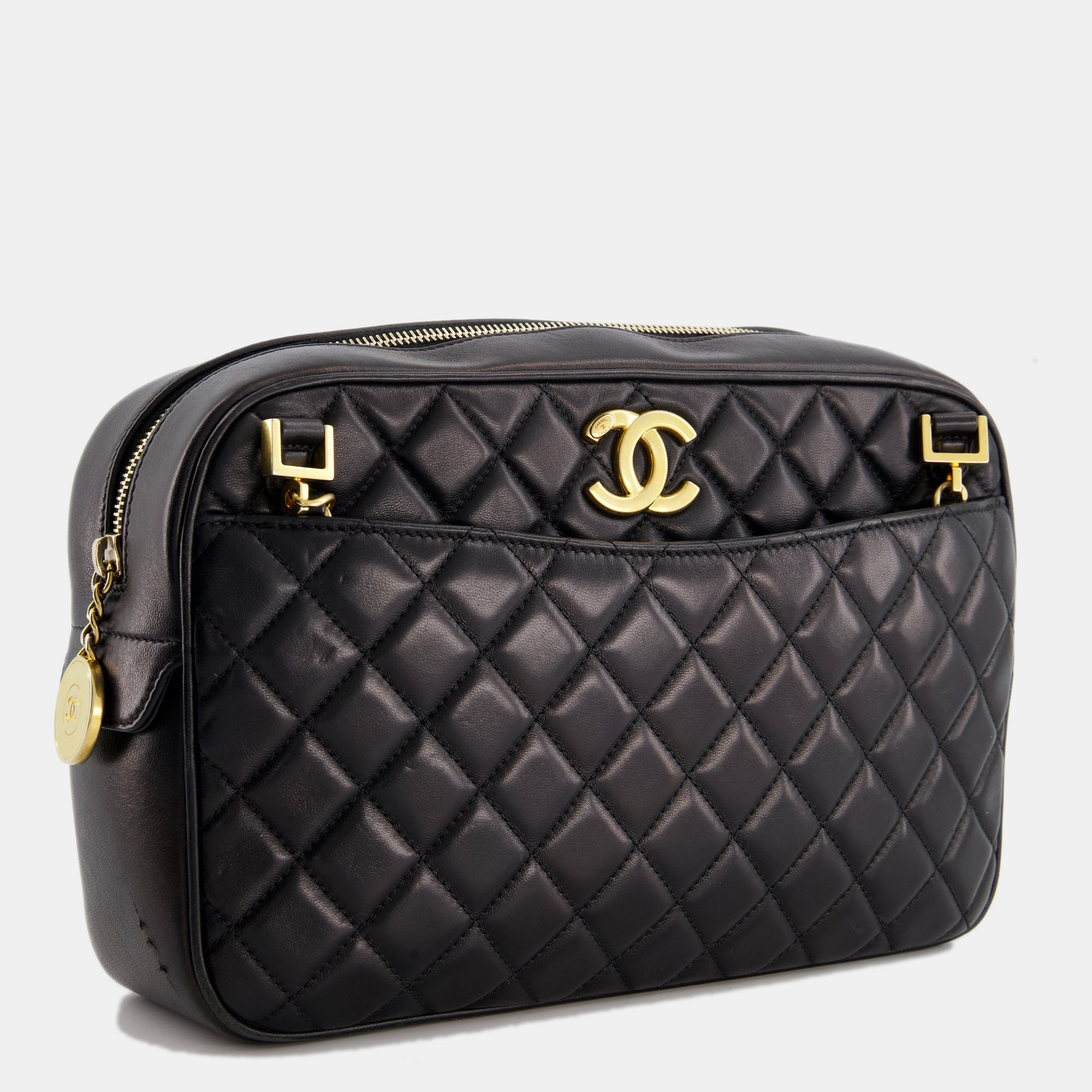 Chanel Black Crossbody Camera Bag In Quilted Lambskin With Gold Hardware