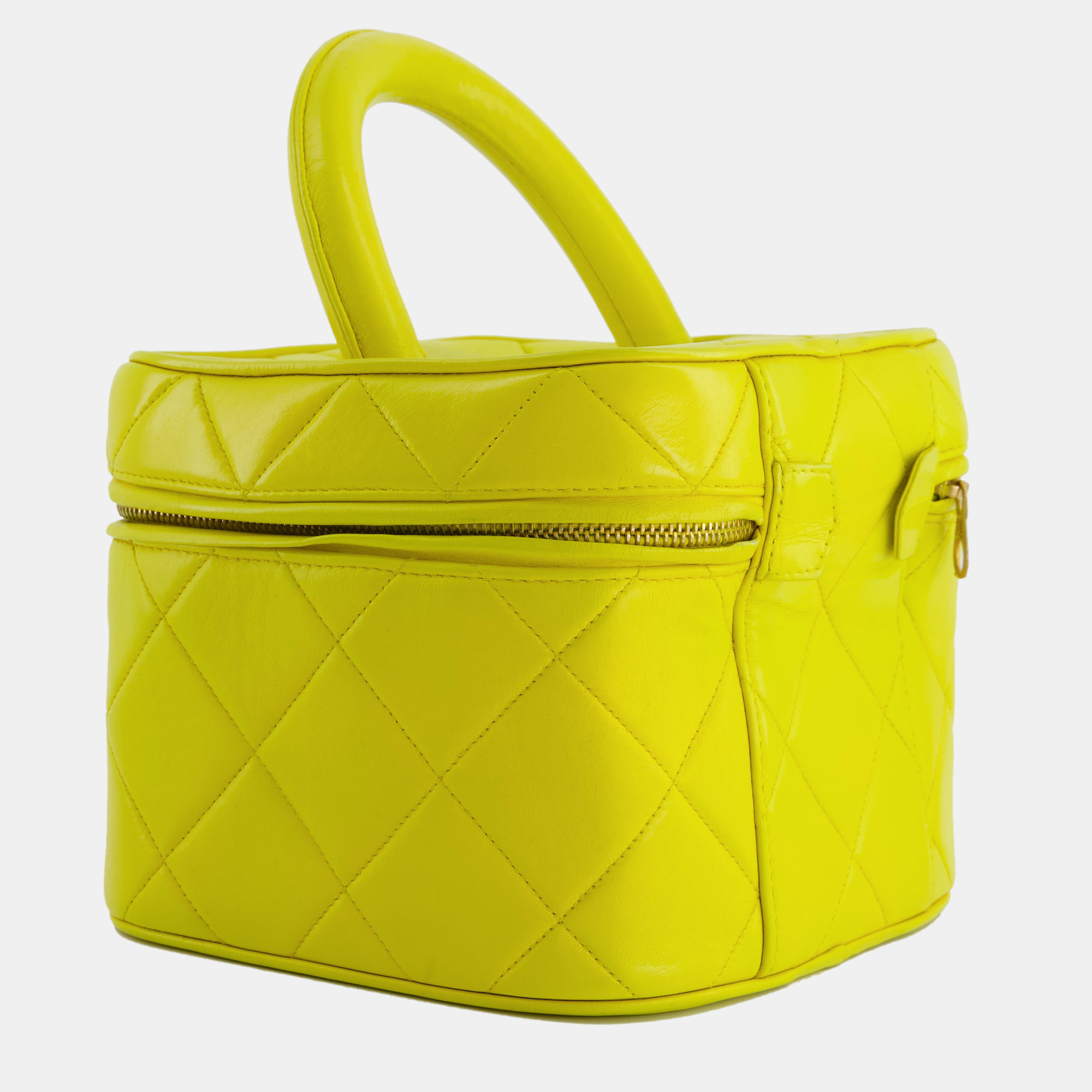 Chanel Yellow Vintage Top Handle Vanity Bag In Lambskin Leather With 24k Gold Hardware