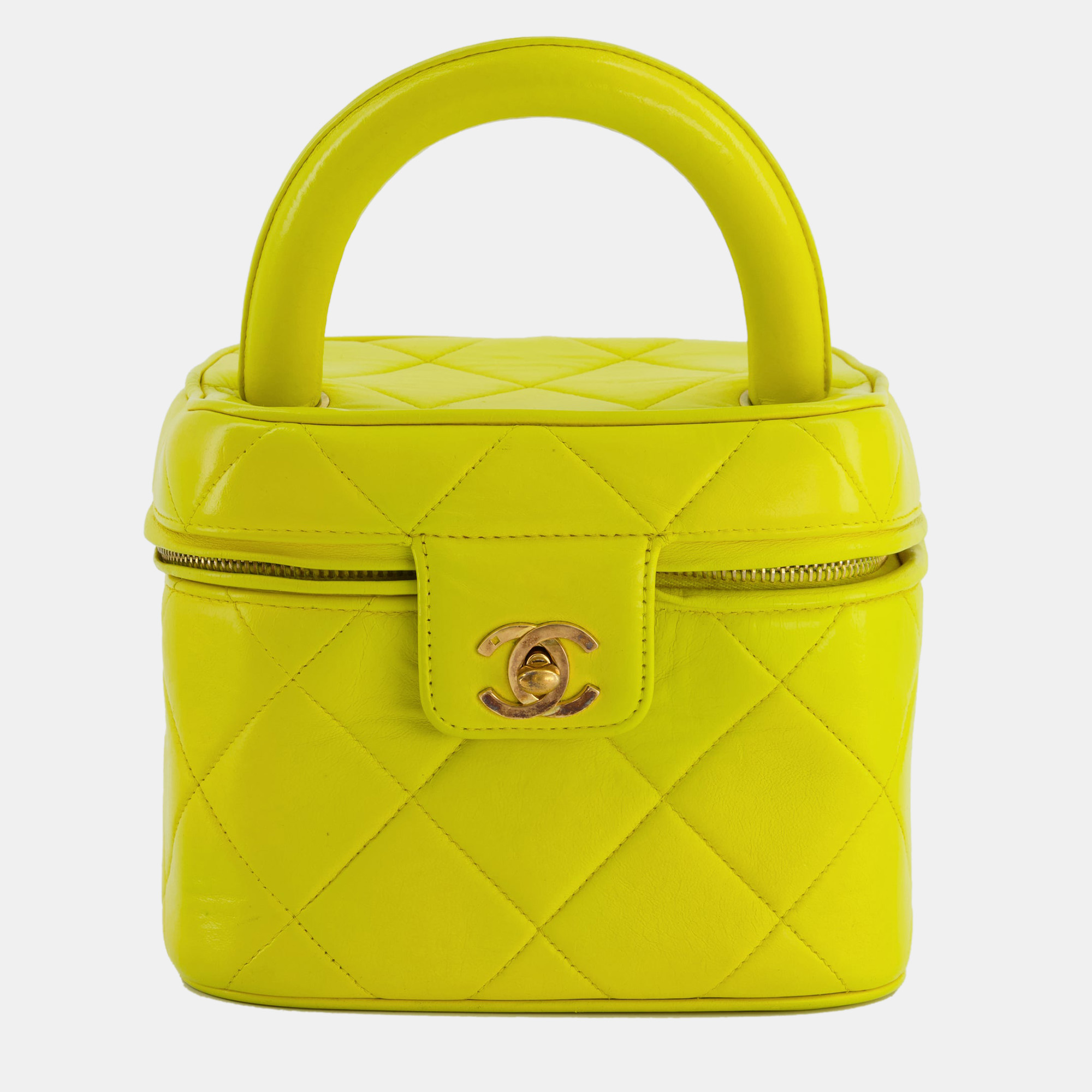 Chanel yellow vintage top handle vanity bag in lambskin leather with 24k gold hardware
