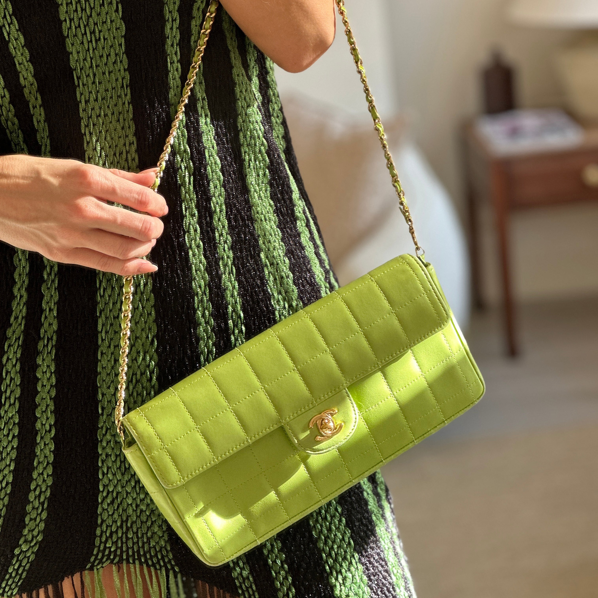 Chanel Lime-Green East-West Quilted Chocolate Bar Flap Bag In Lambskin With 24k Gold Hardware