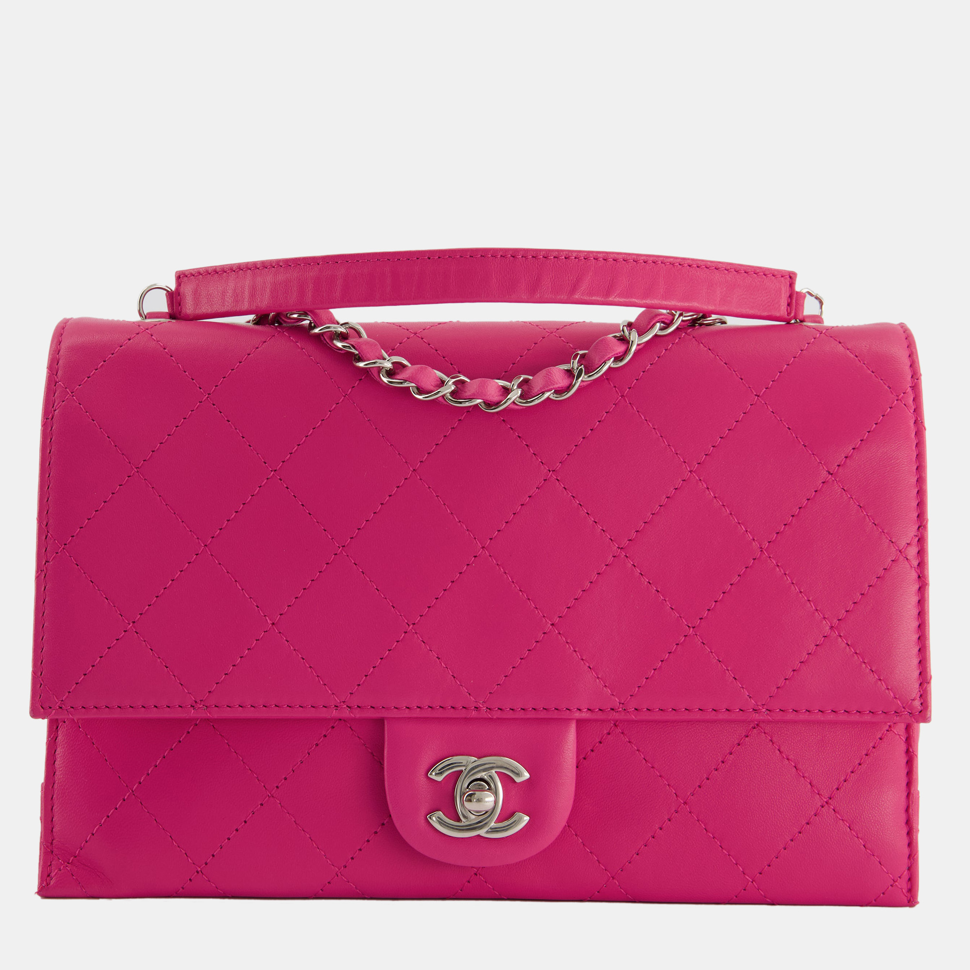 Chanel hot pink small accordion quilted single flap bag in calfskin leather with silver hardware
