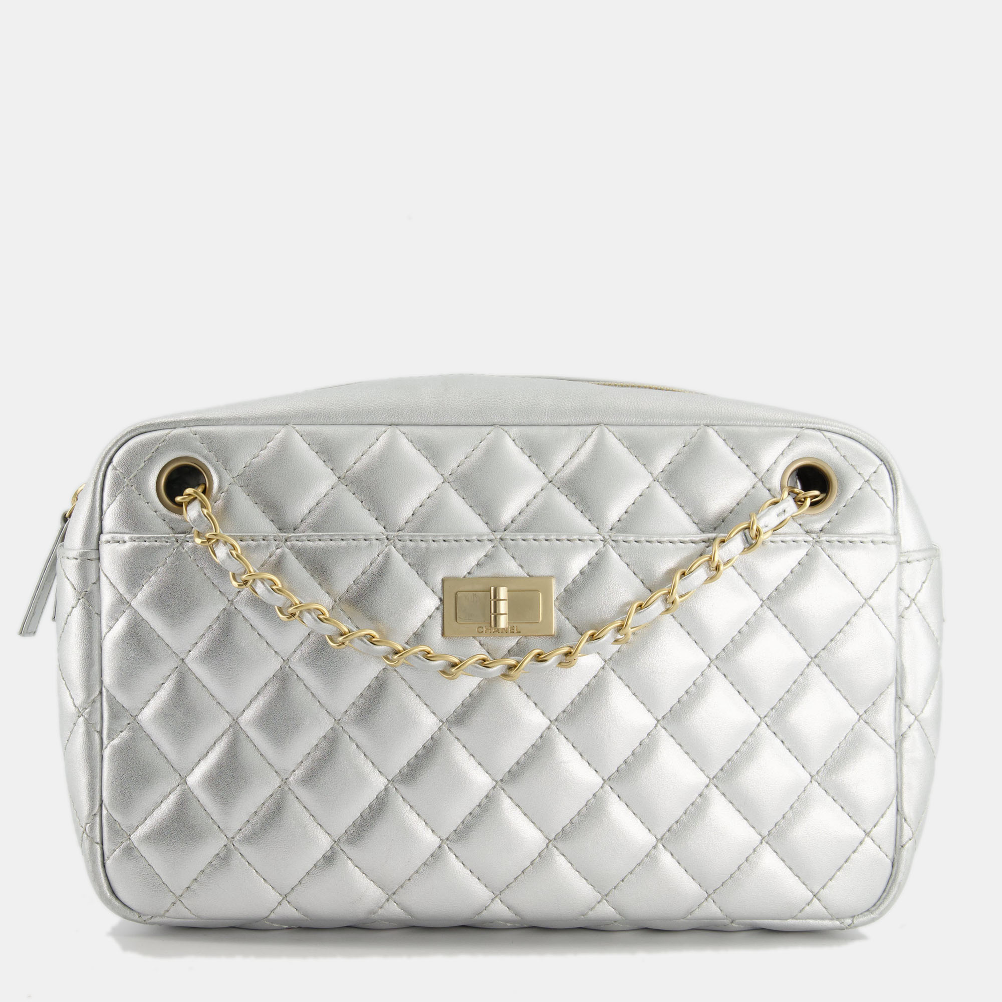 Chanel metallic silver camera bag in lambskin with brushed gold hardware