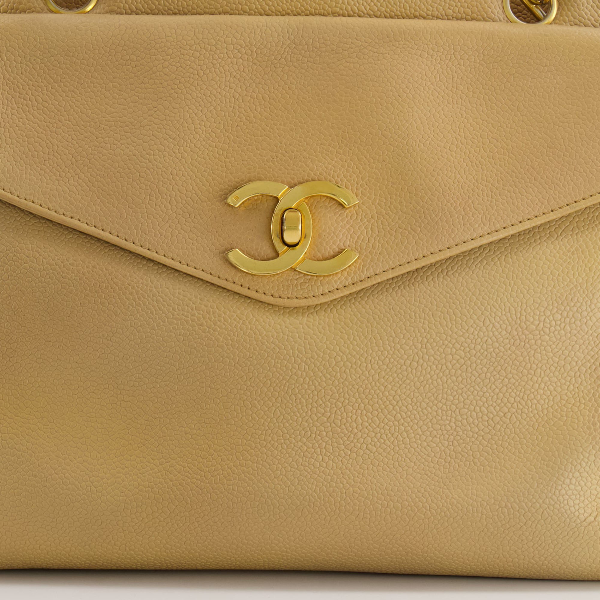 Chanel Vintage Beige Caviar CC Logo Tote Bag With 24k Gold Hardware