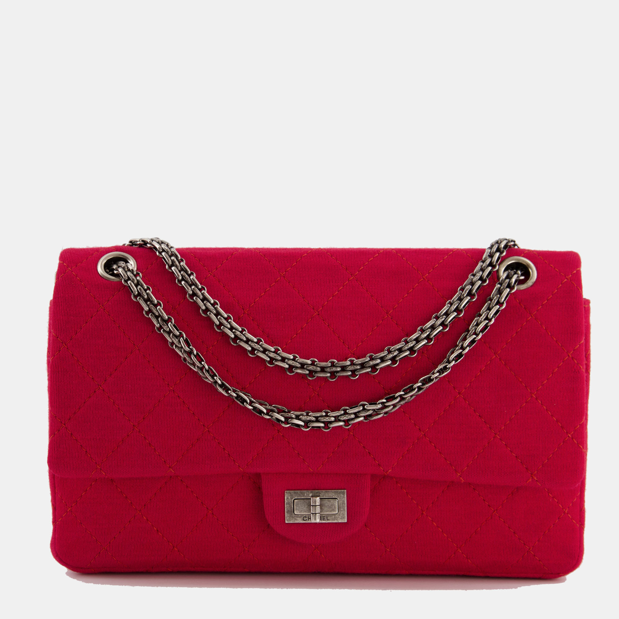 Chanel red medium reissue 2.55 double flap bag in quilted fabric with ruthenium hardware rrp - &acirc;&pound;8,530