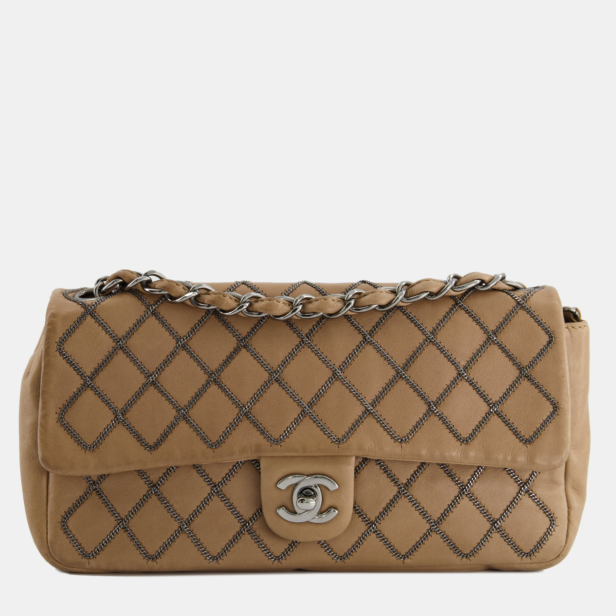 Chanel Beige East West Single Flap Bag In Lambskin Leather With Silver Quilted Chain Detail