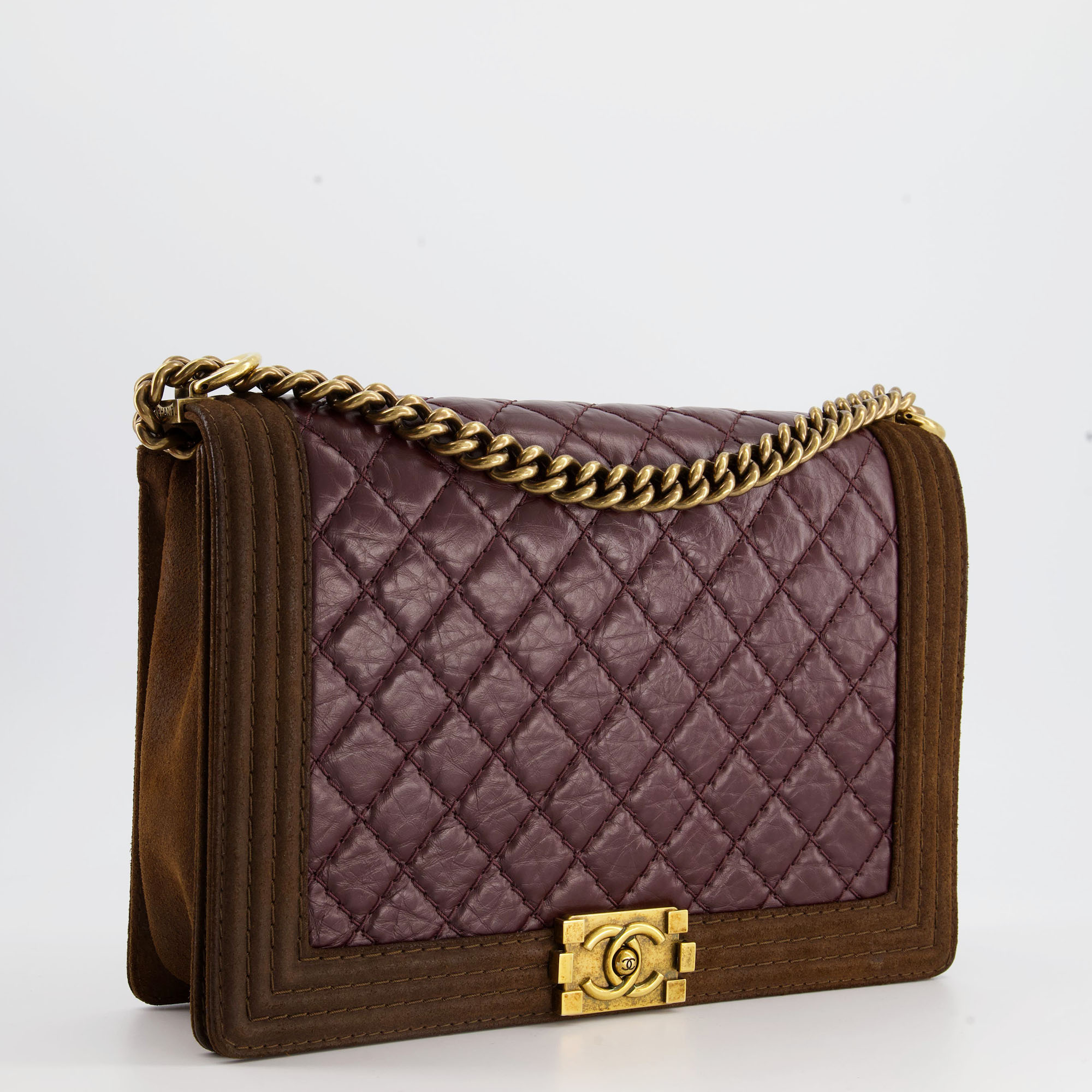 Chanel Burgundy With Brown Suede Large Boy Bag In Aged Calfskin Leather With Aged Gold Hardware