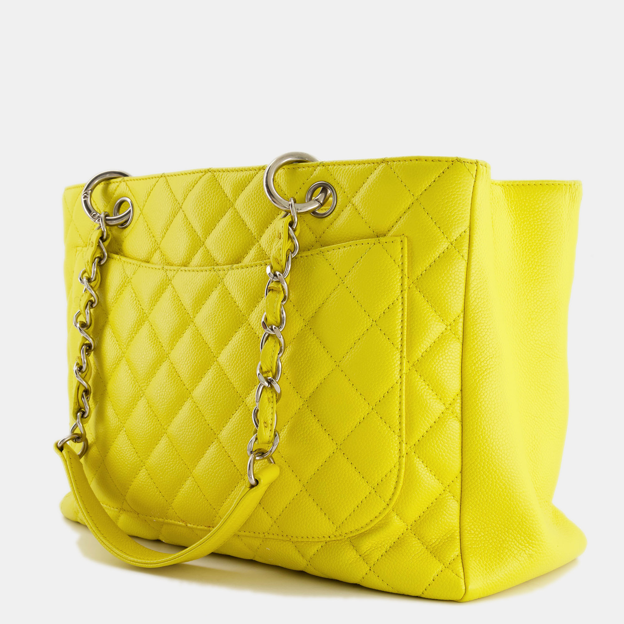 Chanel Canary Yellow GST Grand Shopper Tote Bag In Caviar Leather With Silver Hardware