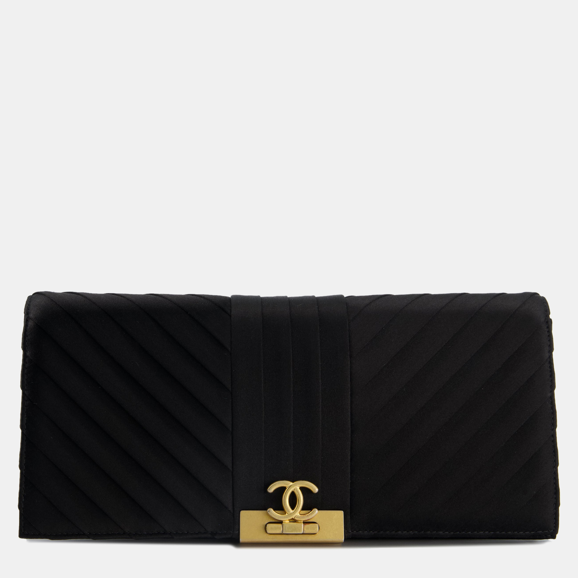 Chanel black satin long-line clutch bag with brushed gold hardware and cc detail