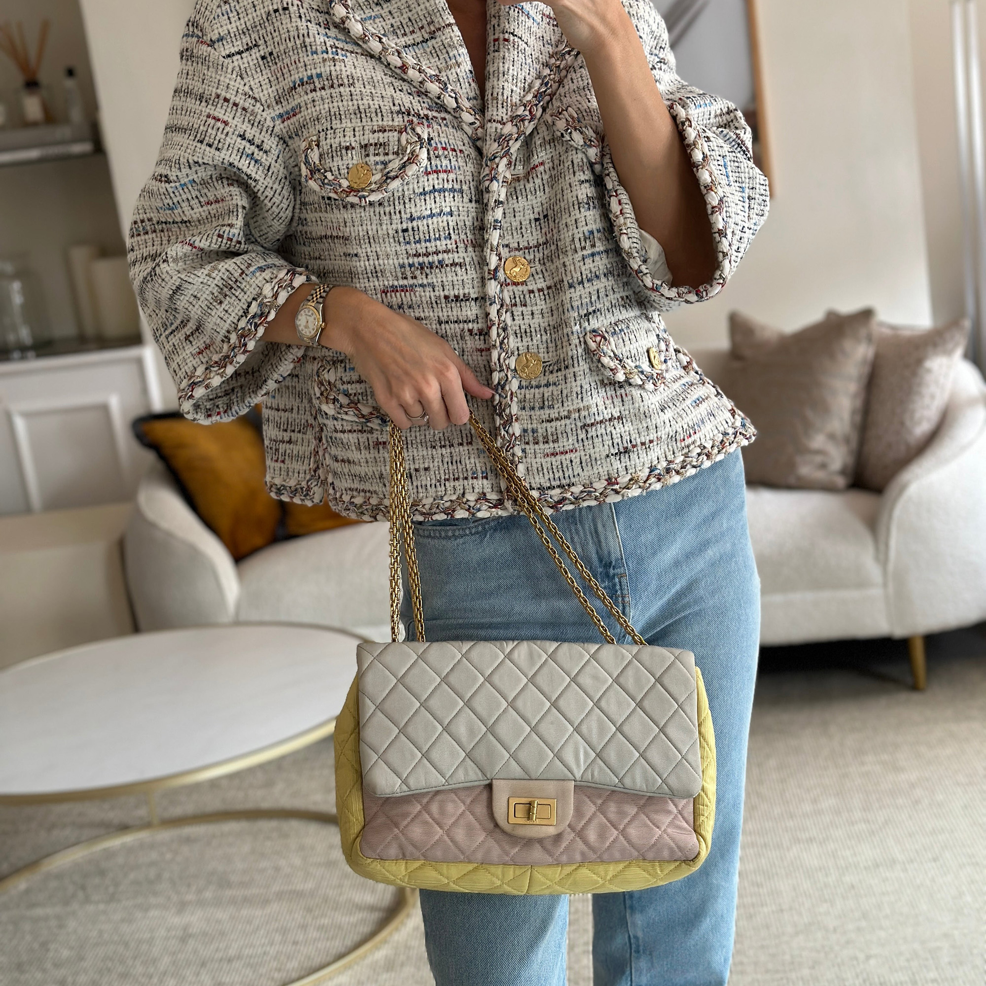 Chanel Large Jersey Reissue Pastel Yellow, Grey And Pink With Antique Gold Hardware