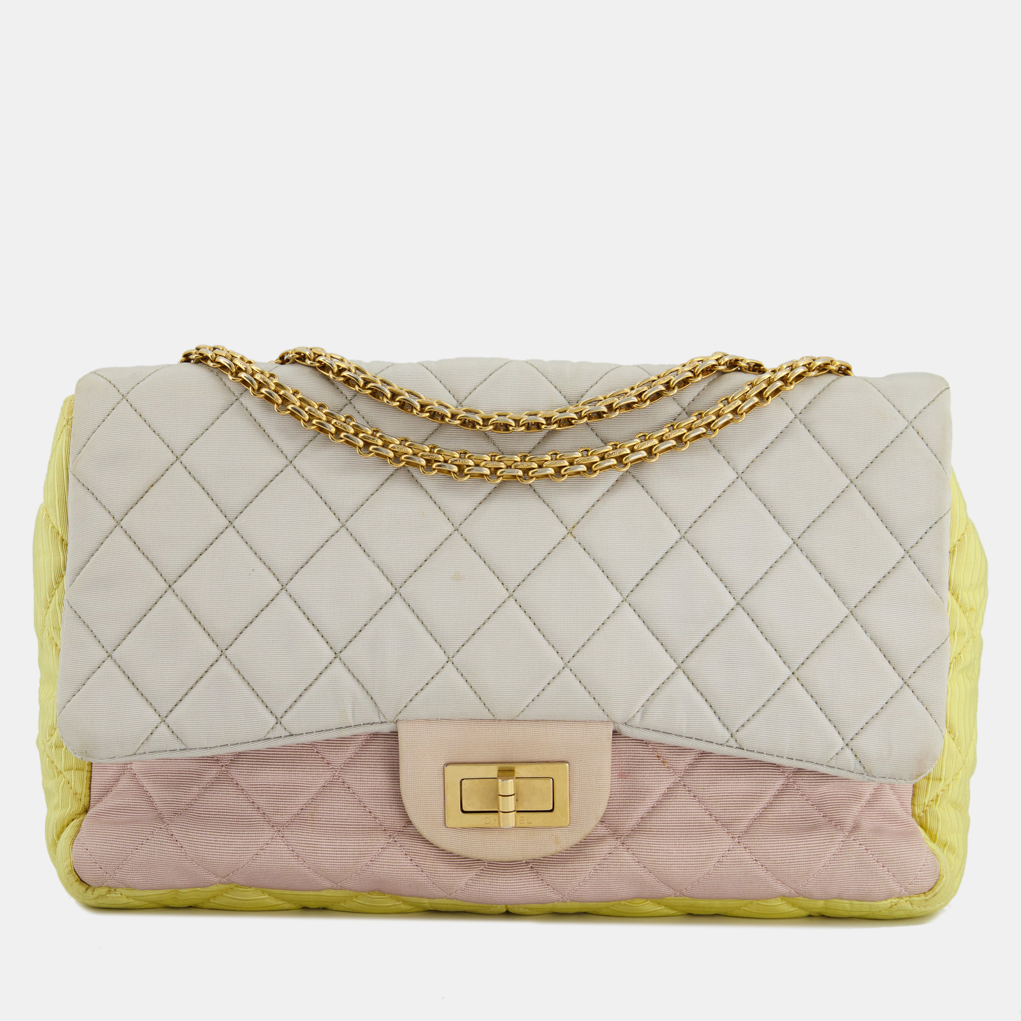 Chanel large jersey reissue pastel yellow, grey and pink with antique gold hardware
