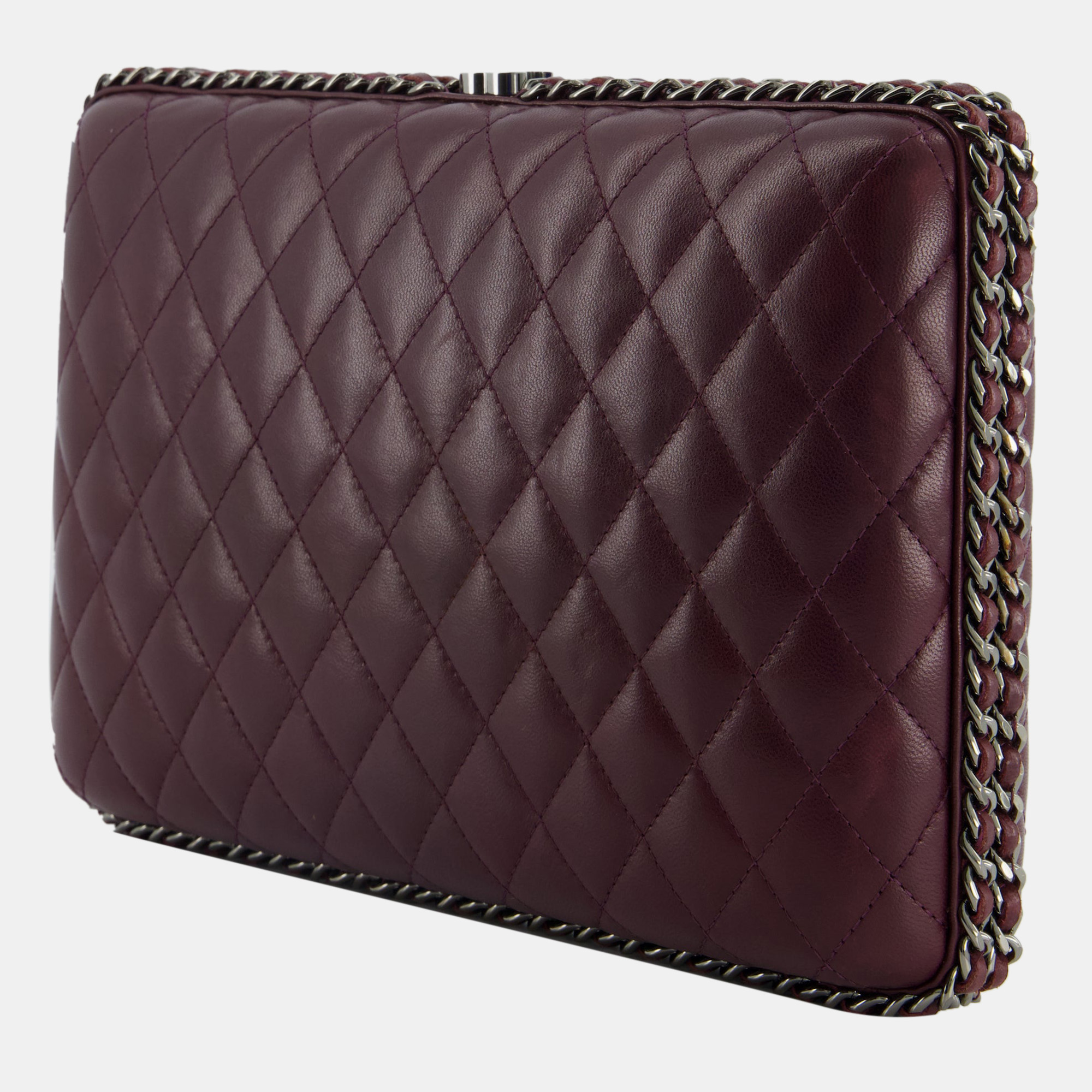 Chanel Burgundy Clutch On Chain Bag With Chain Details And Gunmetal Hardware