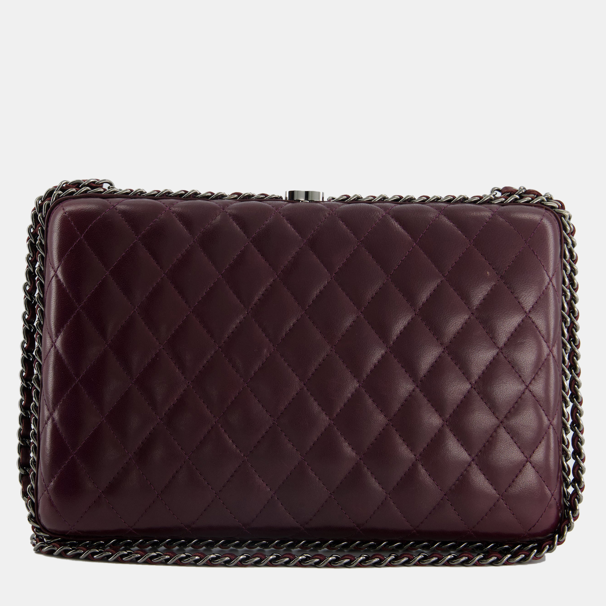 Chanel burgundy clutch on chain bag with chain details and gunmetal hardware