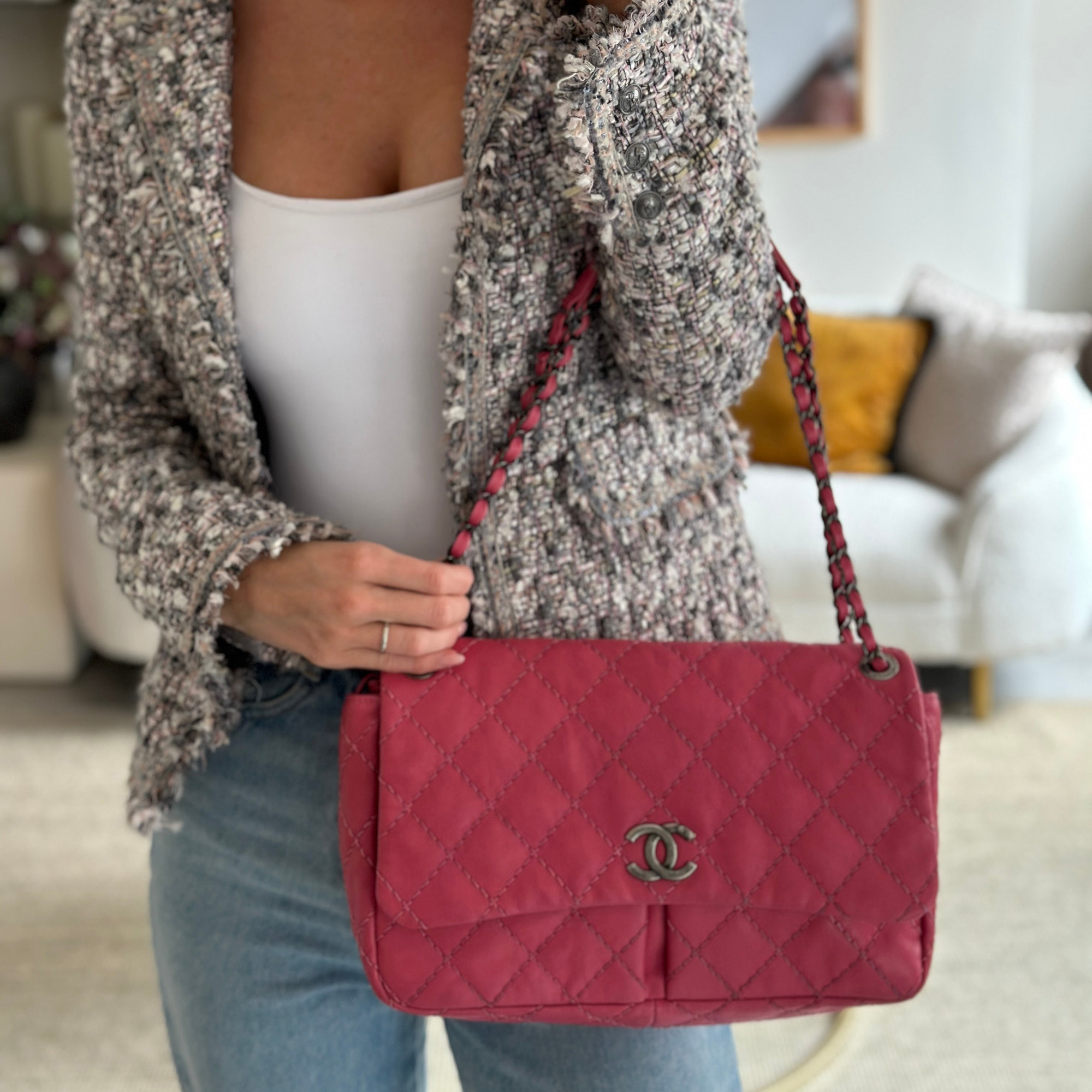 Chanel Pink Split Pocket Flap Bag With Stitched Detailing