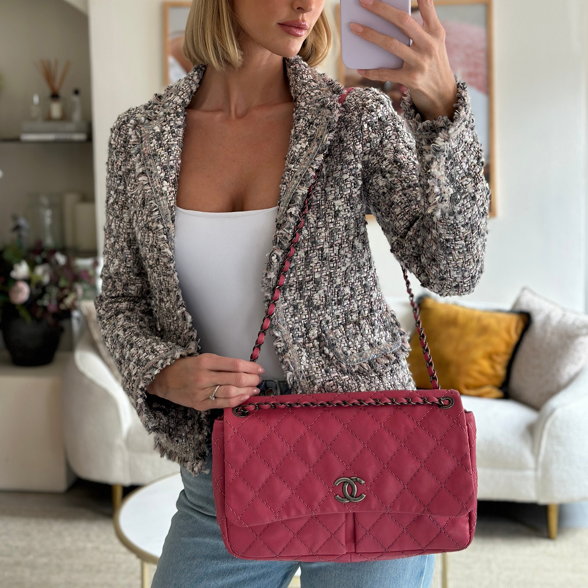 Chanel Pink Split Pocket Flap Bag With Stitched Detailing