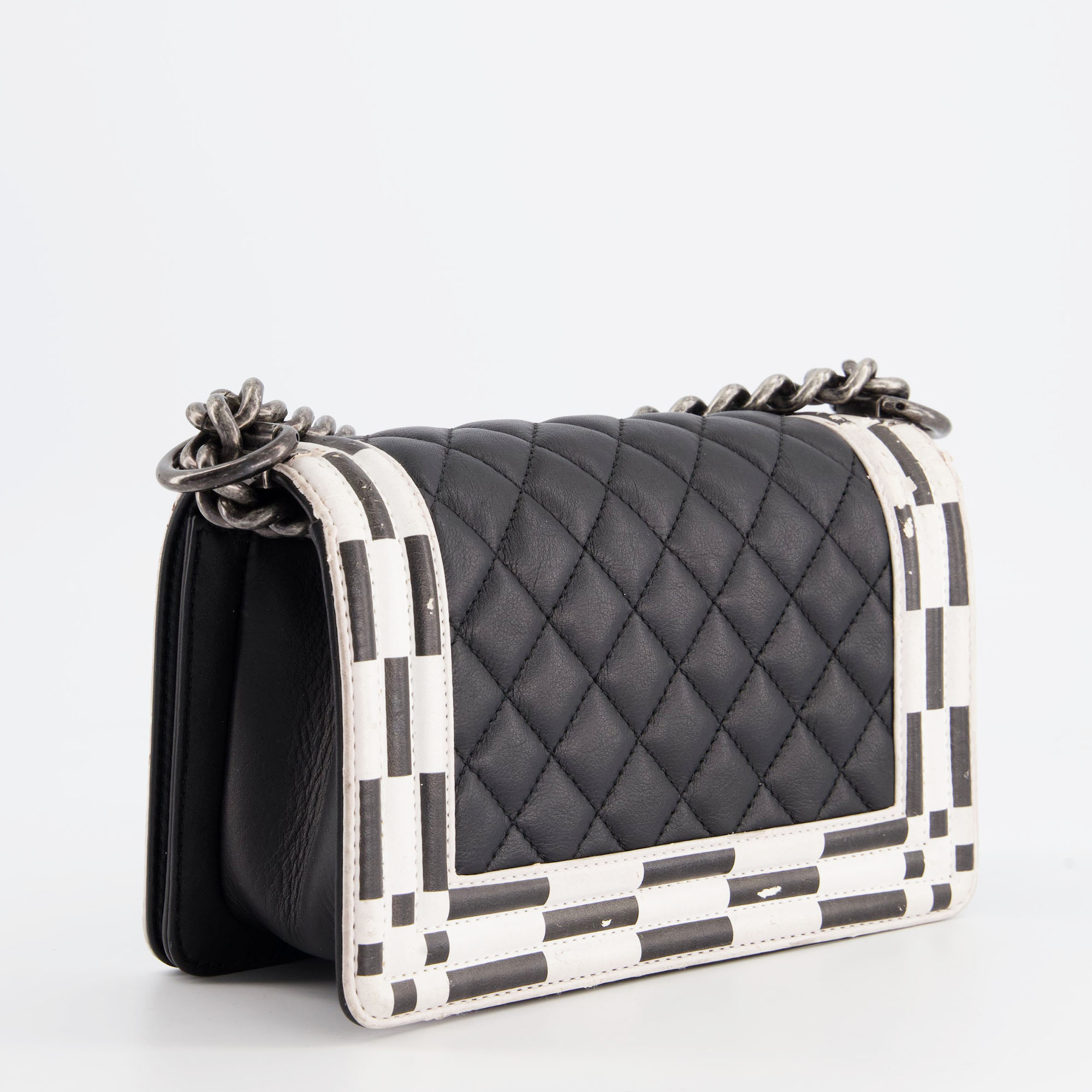 Chanel Black & White Small Boy Bag In Lambskin Leather With Ruthenium Hardware