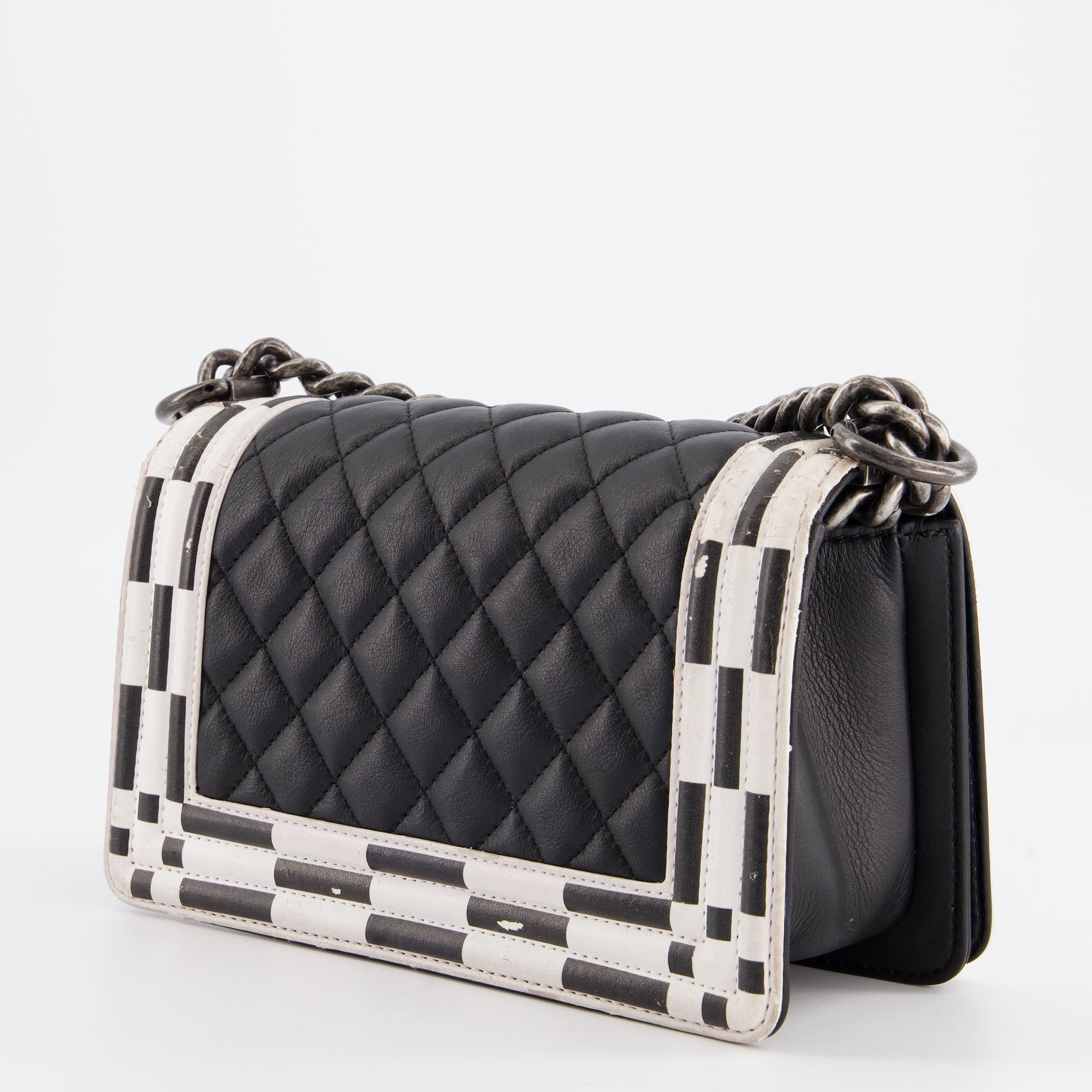 Chanel Black & White Small Boy Bag In Lambskin Leather With Ruthenium Hardware