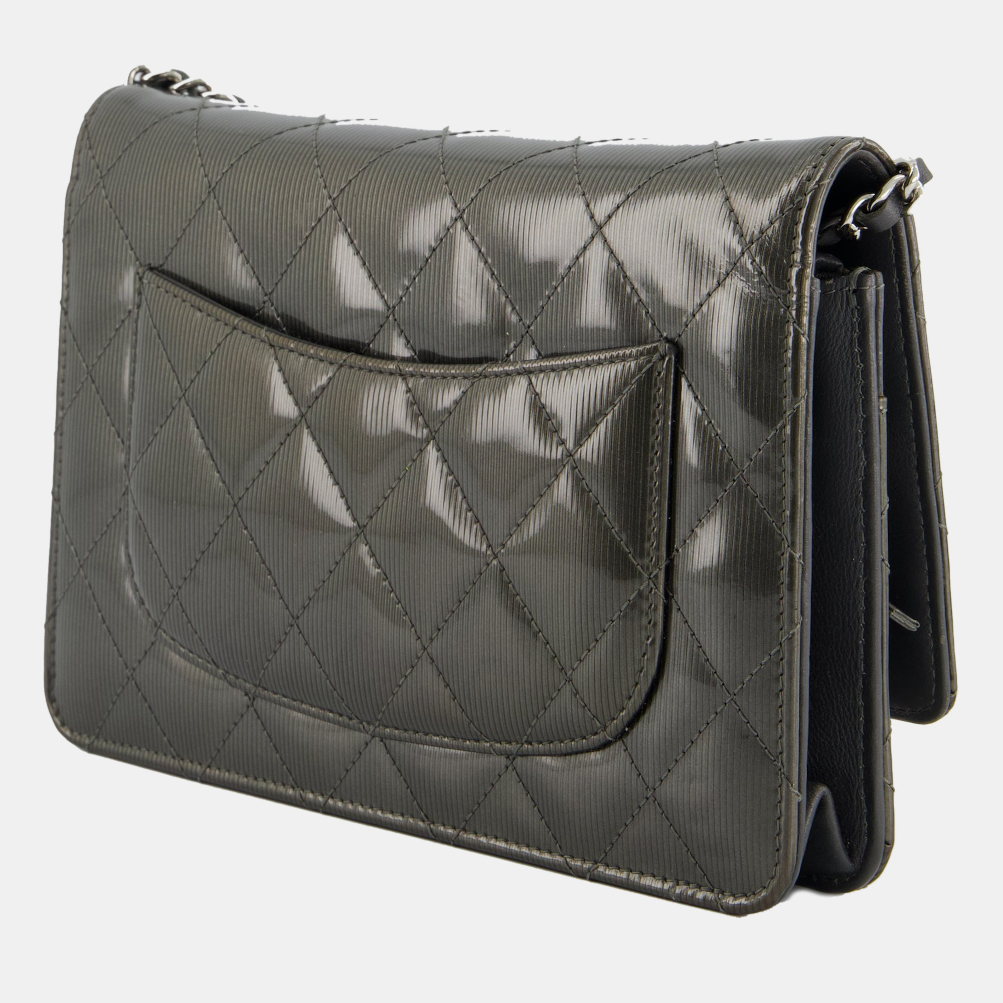 Chanel Stone Grey Wallet On Chain In Patent Leather With Silver Hardware