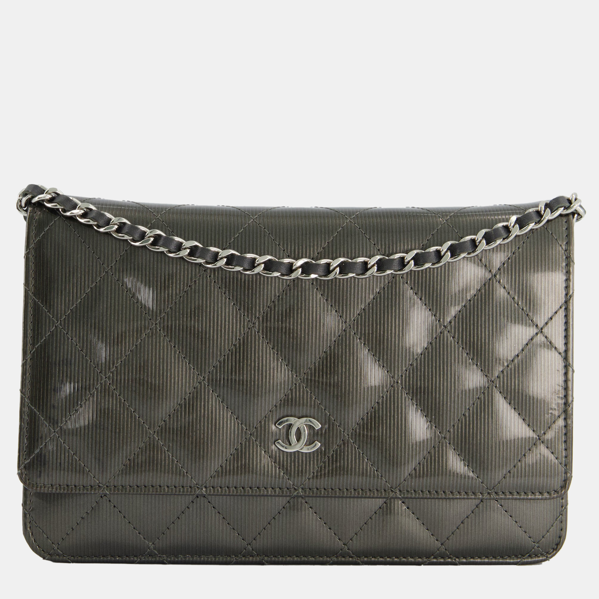 Chanel Stone Grey Wallet On Chain In Patent Leather With Silver Hardware