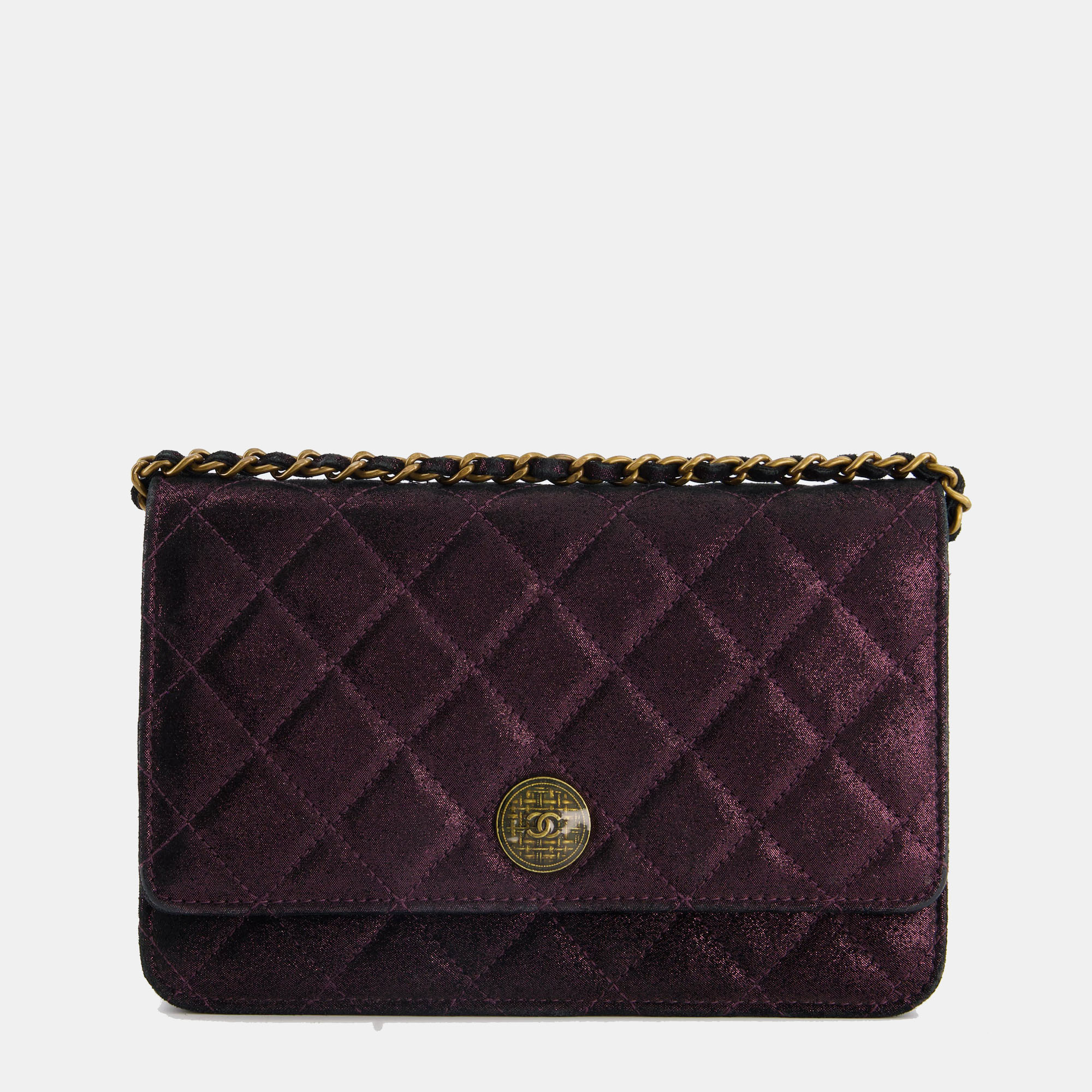 Chanel metallic purple wallet on chain with antique gold hardware